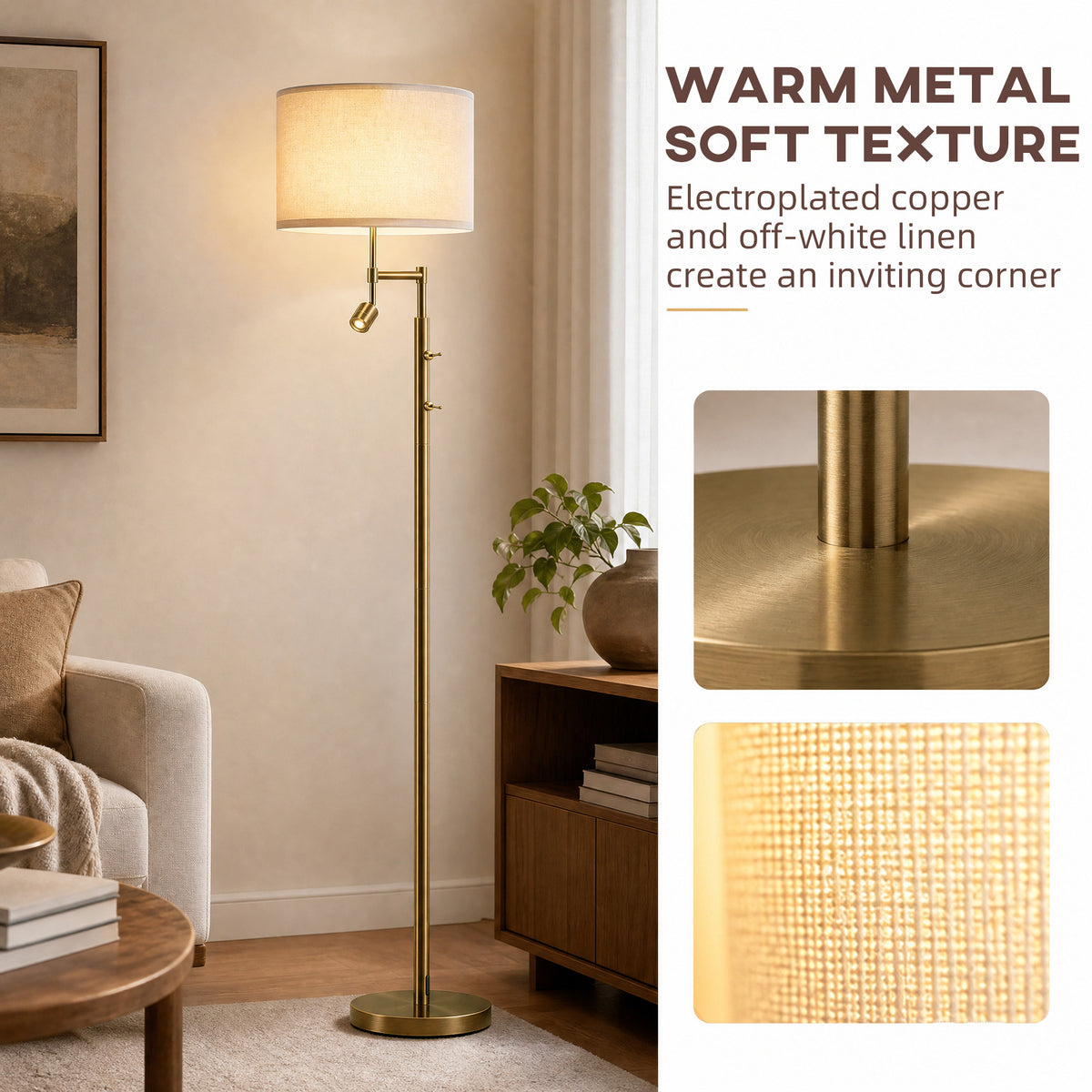 HOMCOM Modern Floor Lamp with Built-In Reading Light, Standing Lamp with Independent Switch, Copper