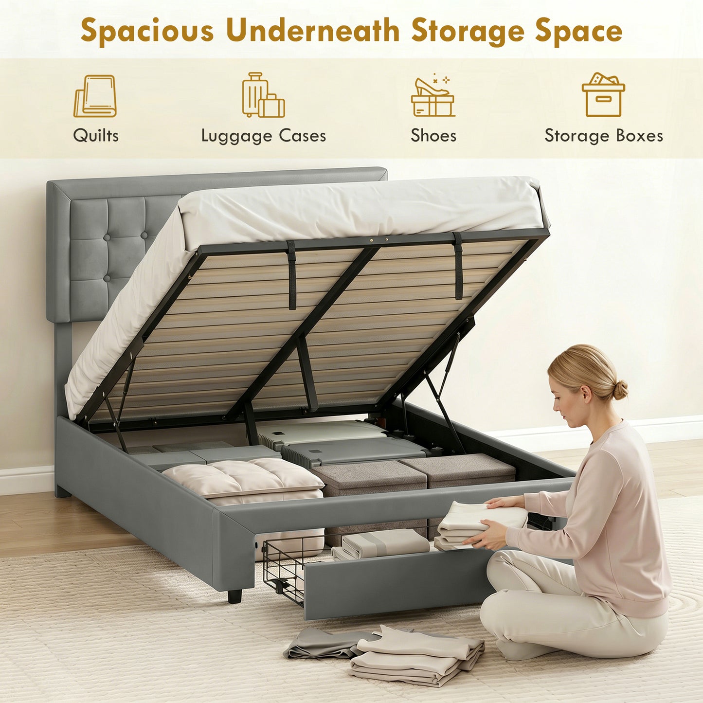 HOMCOM King Size Ottoman Bed Frame, with Front Drawer - Grey