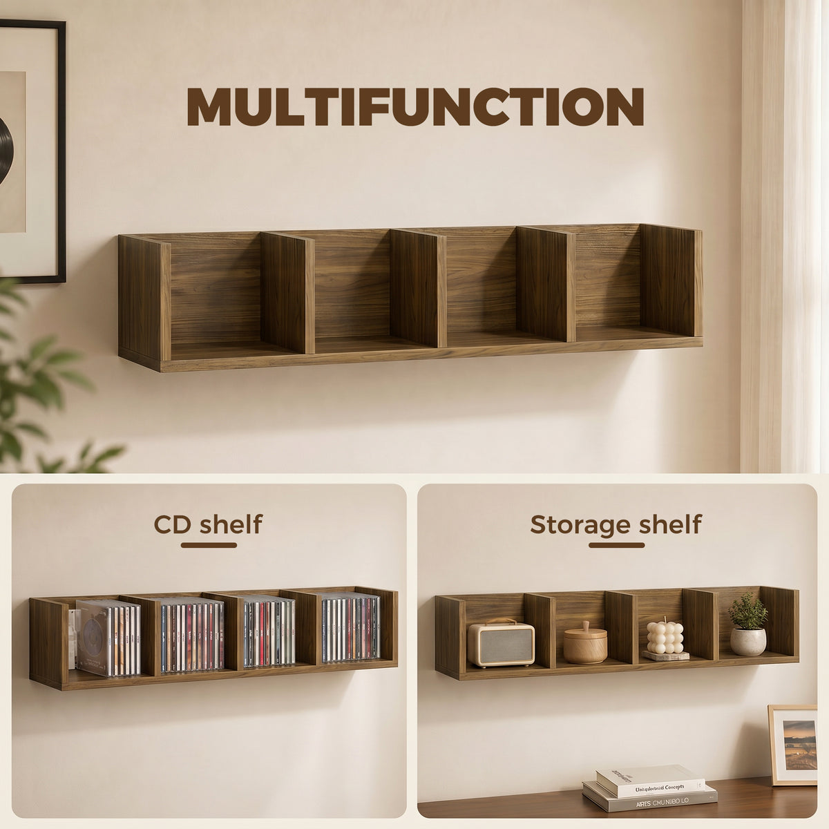 HOMCOM Wooden Shelf Organiser Unit, Wall Mounts Set of 2 84 CD / 56 DVD/Blu-ray/ Media Storage Racks 4 Cubes, Walnut Brown