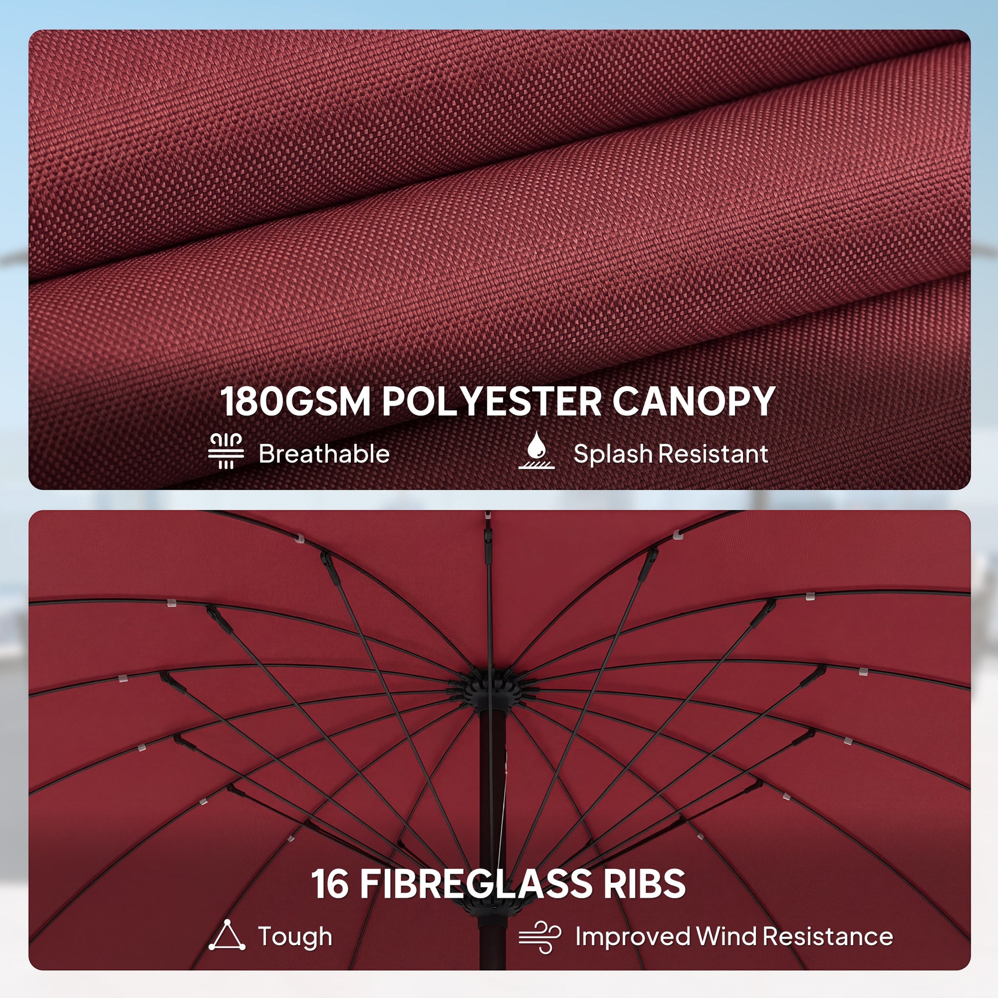 Outsunny 2 m Shanghai Garden Parasol Umbrella with 16 Fibreglass Ribs, Outdoor Parasol Sun Shade with Crank & Tilt, Wine Red