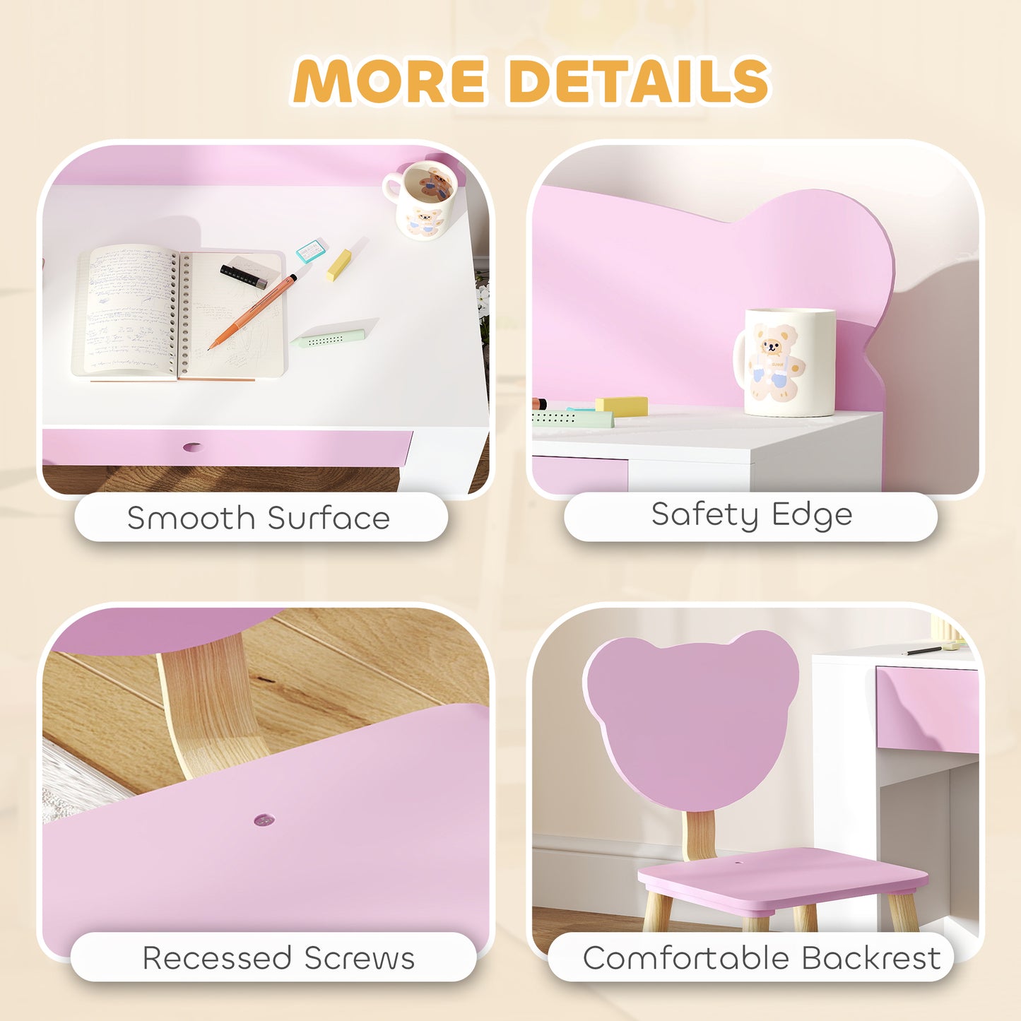 AIYAPLAY Kids Desk and Chair Set with Drawer for Drawing, Reading, Bear Theme Children Furniture for Bedroom, Daycare, Pink