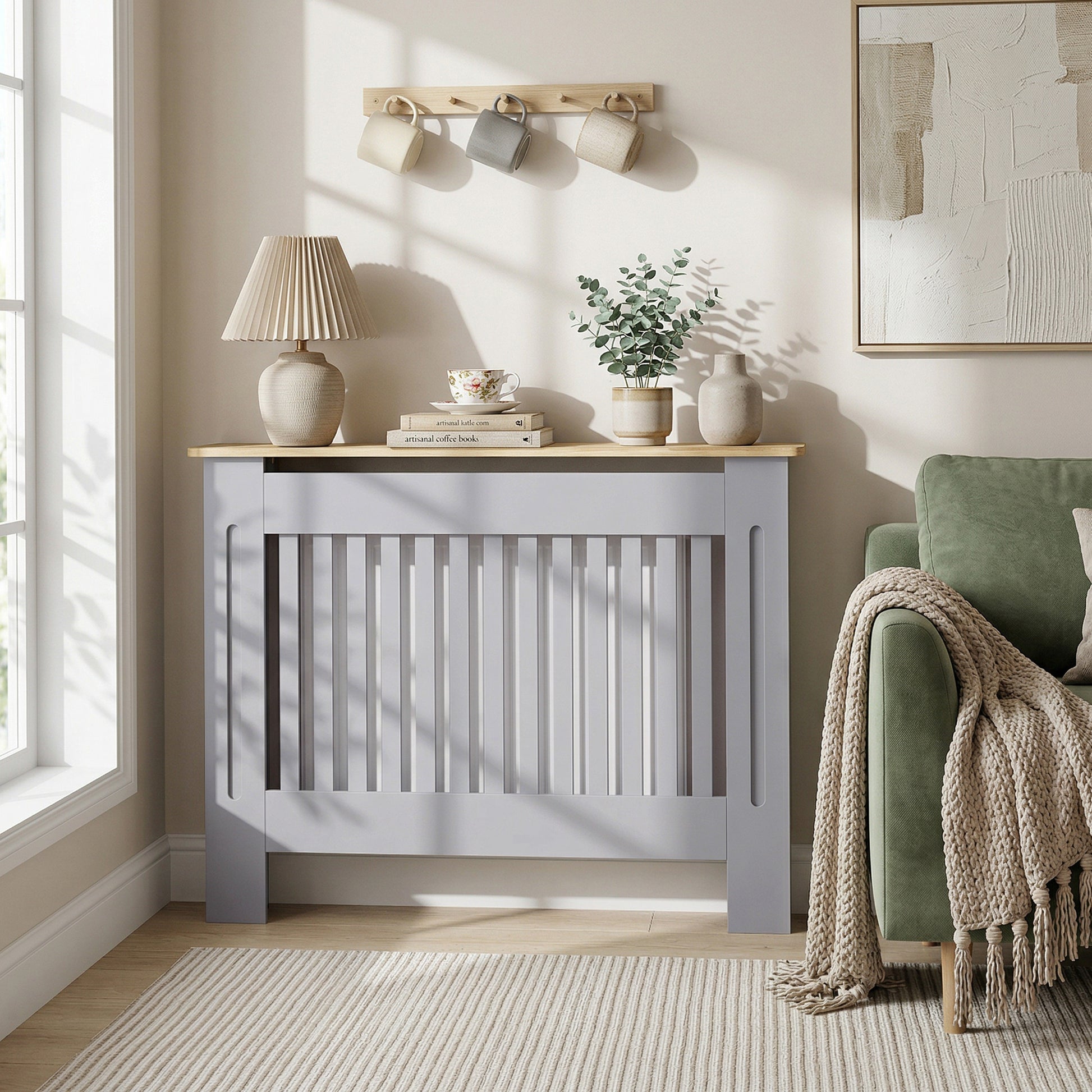 HOMCOM Slatted Radiator Cover, Painted Cabinet with Line Grill Design, 112L Ã— 19W Ã— 81H cm, Grey
