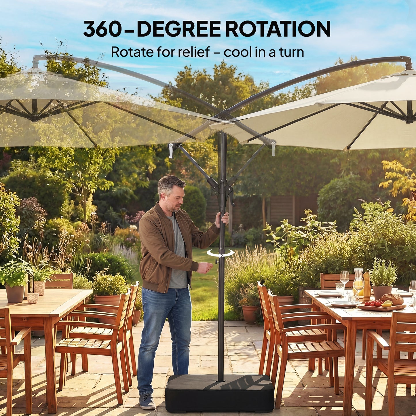 Outsunny 3 m Garden Cantilever Parasol with Cross Base, Sandbag, 360Â° Rotating Overhanging Banana Umbrella, Beige