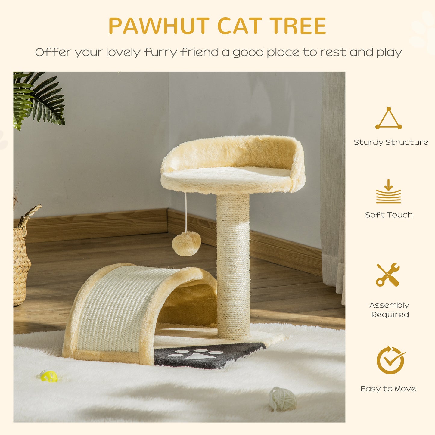 PawHut Cat Tree Scratching Scratcher Post Kitten Activity Centre Climber Hanging Ball Beige