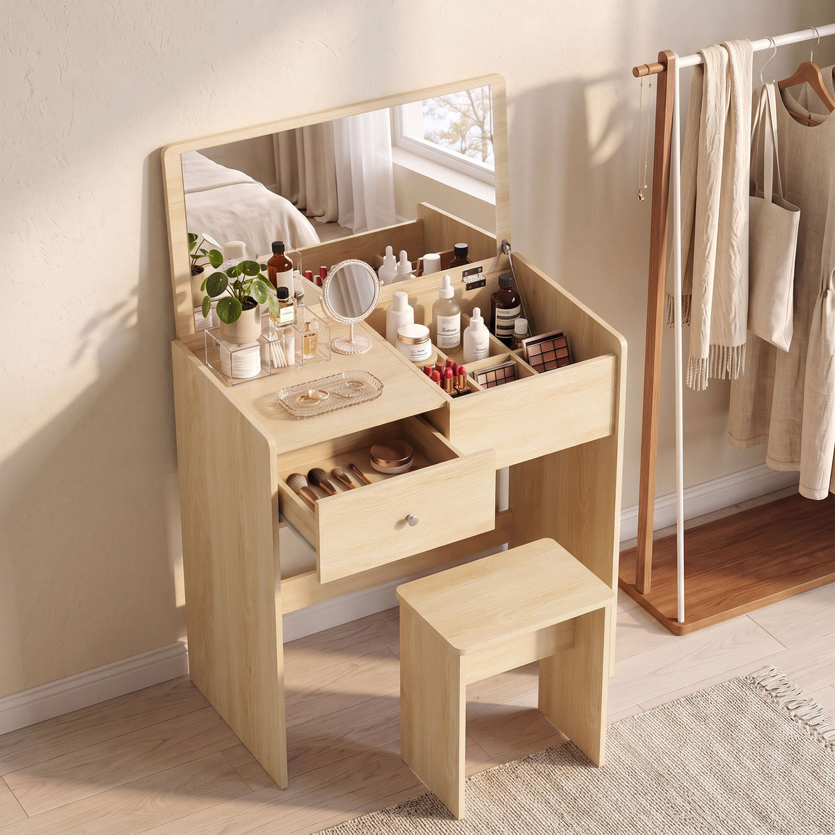 HOMCOM Vanity Desk with Mirror Dressing Table Drawer Set 6 Compartments Storage Stool White and Oak
