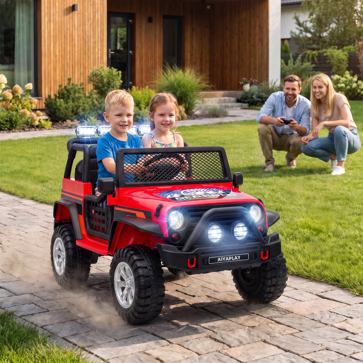 AIYAPLAY 12V Kids Electric Ride on Car with 2 Motors, Remote Control, Soft Start, Four-Wheel Suspension, Seat Belt