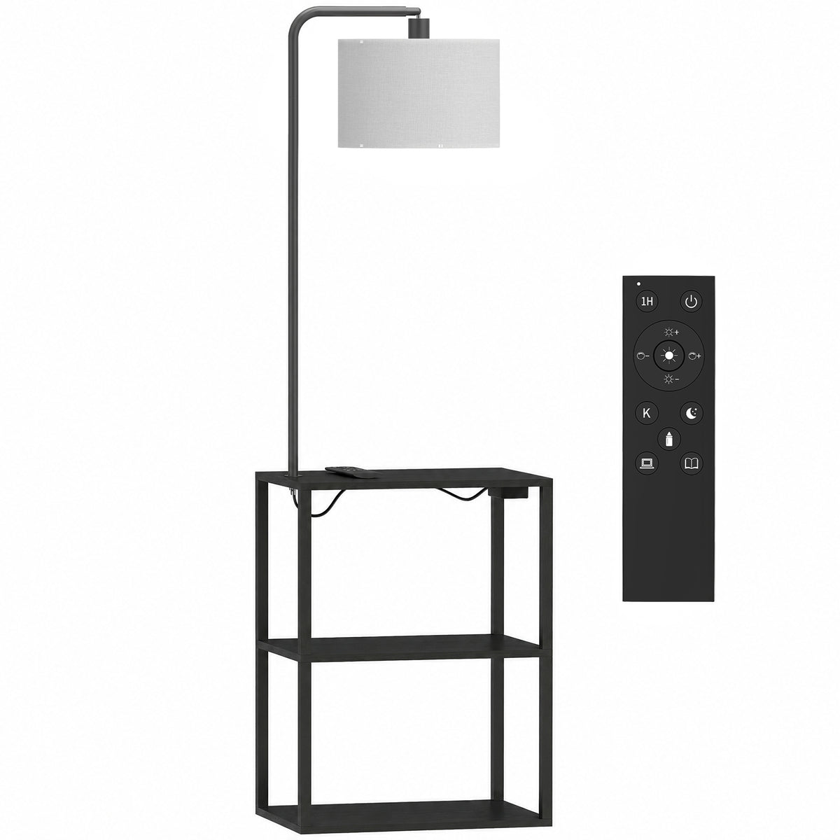 HOMCOM Dimmable Floor Lamp with Shelves, Charging Station, 3-Tier Storage Table, Adjustable Fabric Lampshade, Black Default Title