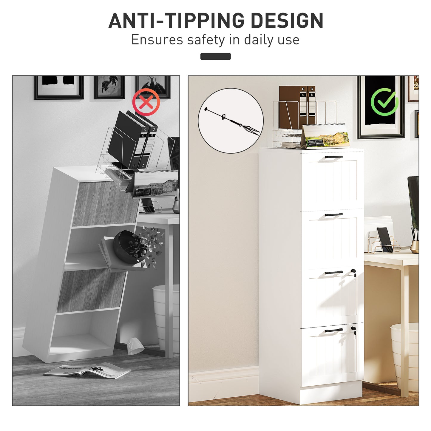 HOMCOM 4 Drawer Filing Cabinet with Lock, Office Storage Cabinet with Adjustable Hanging Bars for A4 Letter Size Files, White