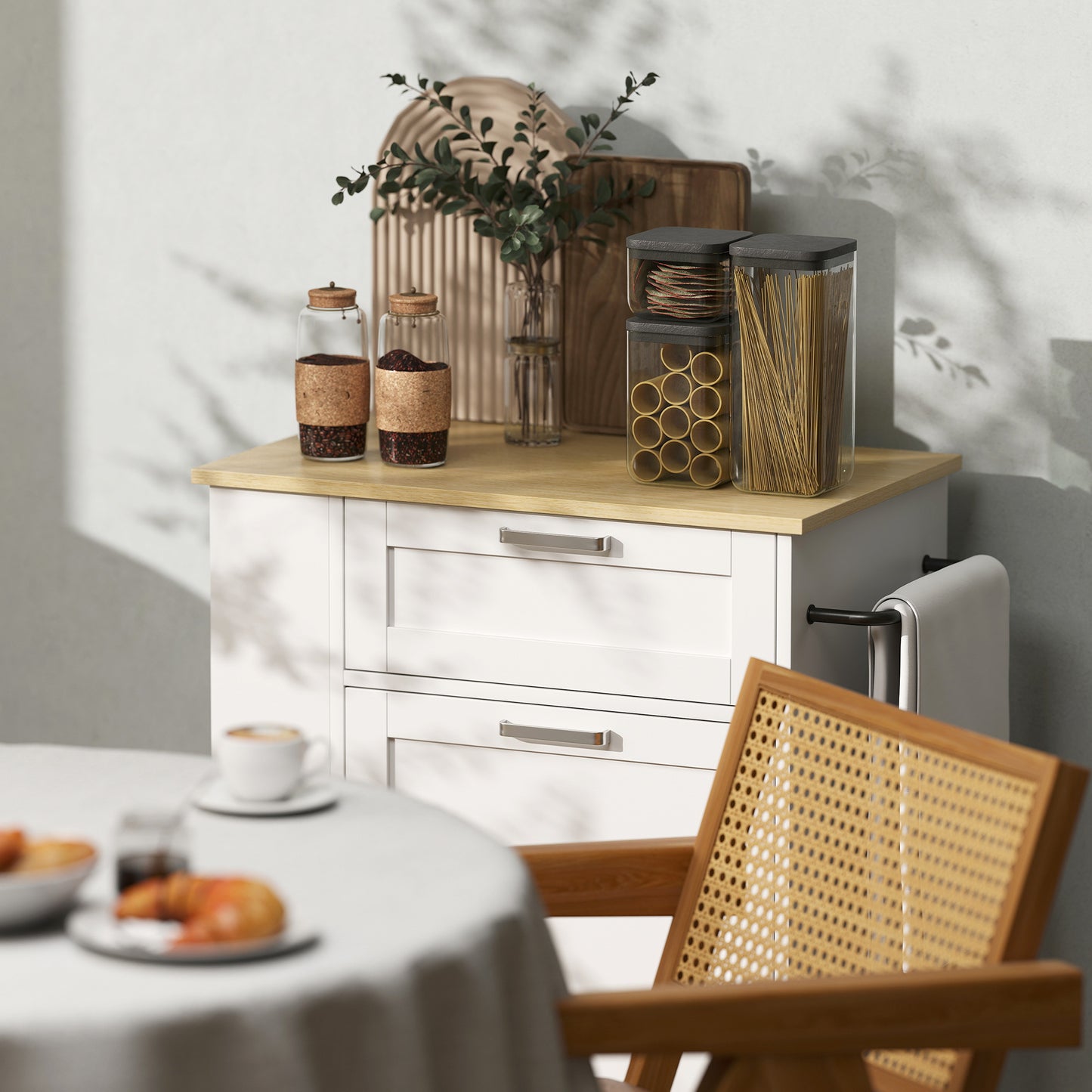 HOMCOM Kitchen Storage Trolley on Wheels, Rolling Kitchen Island with 2 Drawers, Tilt-Out Rubbish Cabinet and Storage, White