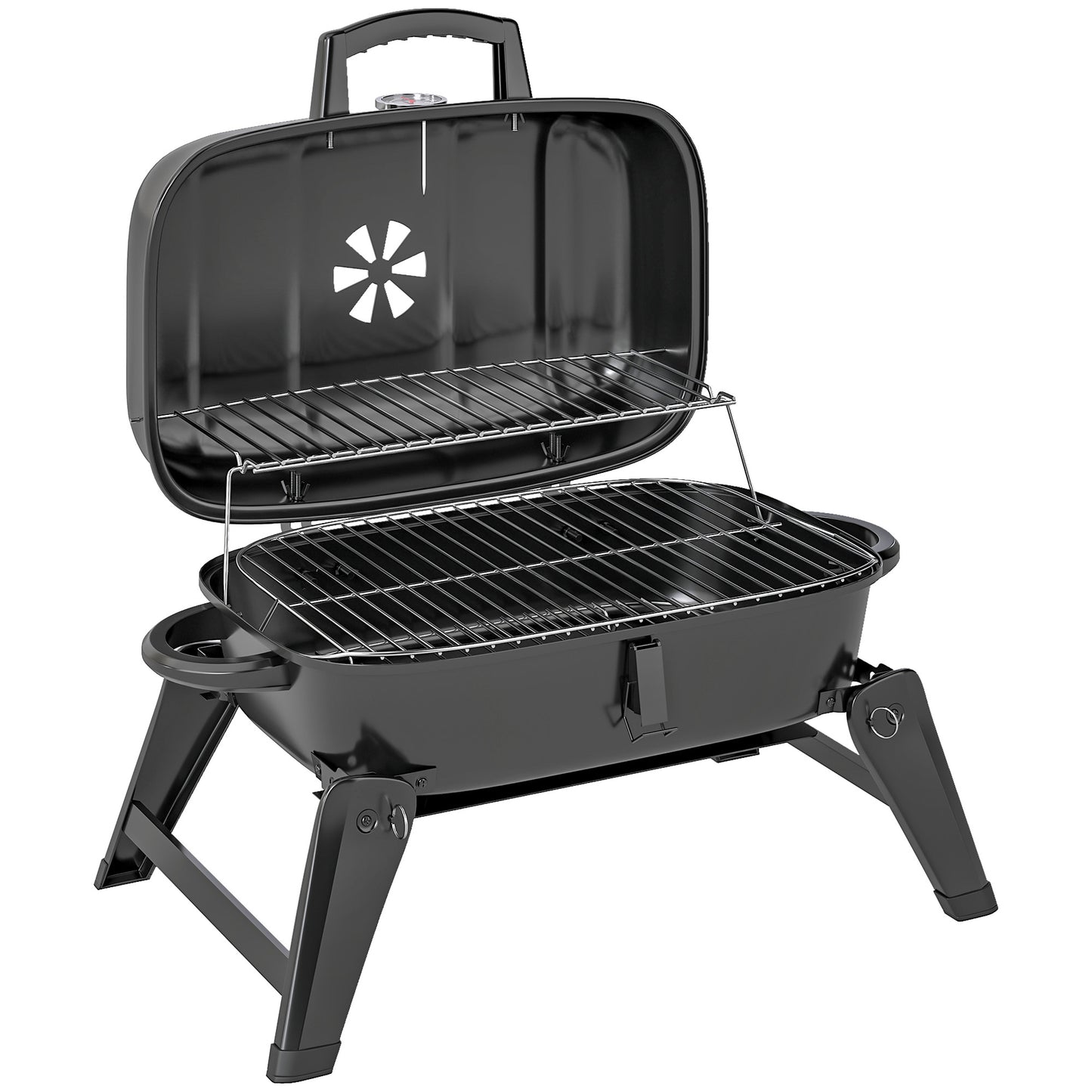 Outsunny Charcoal Barbecue Grill Folding Portable BBQ Grill for Camping with 1232 cmÂ² Cooking Area, Adjustable Vent, Thermometer, Handles for Picnic, 59 x 37 x 36 cm, Black