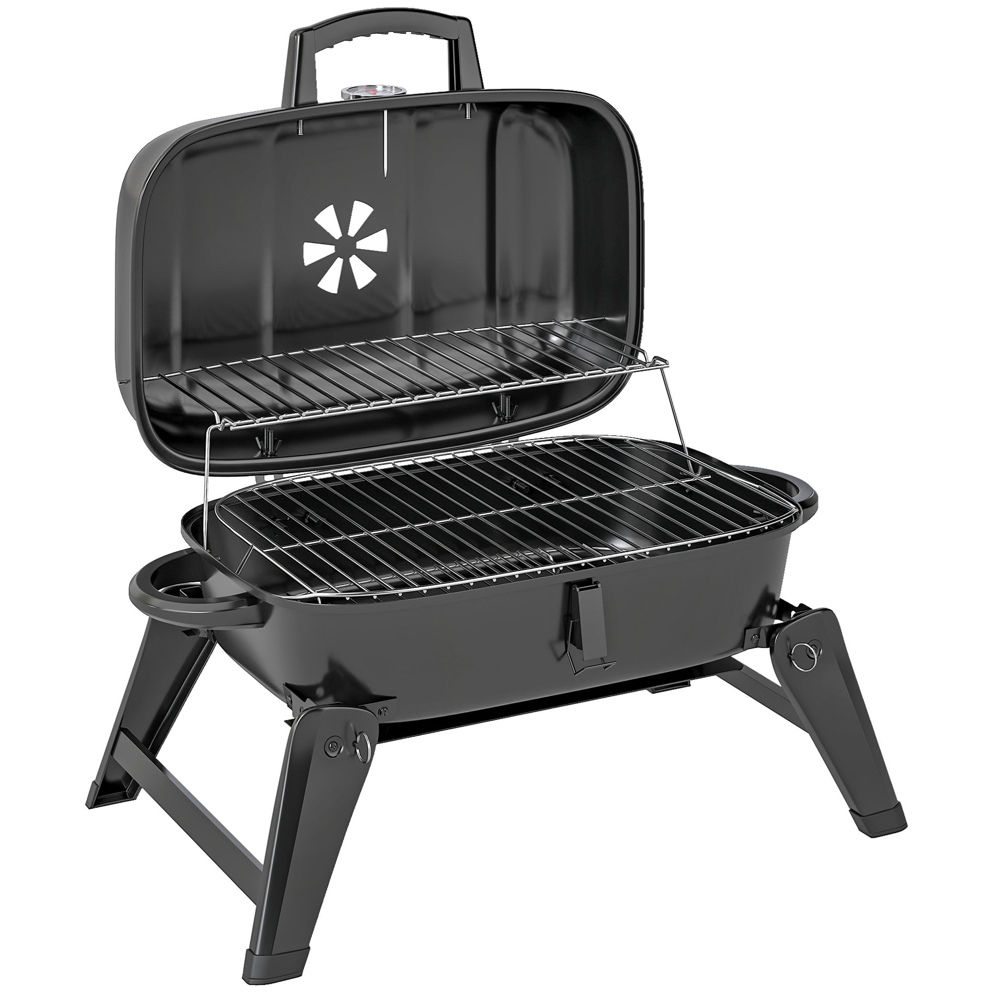 Outsunny Charcoal Barbecue Grill Folding Portable BBQ Grill for Camping with 1232 cmÂ² Cooking Area, Adjustable Vent, Thermometer, Handles for Picnic, 59 x 37 x 36 cm, Black