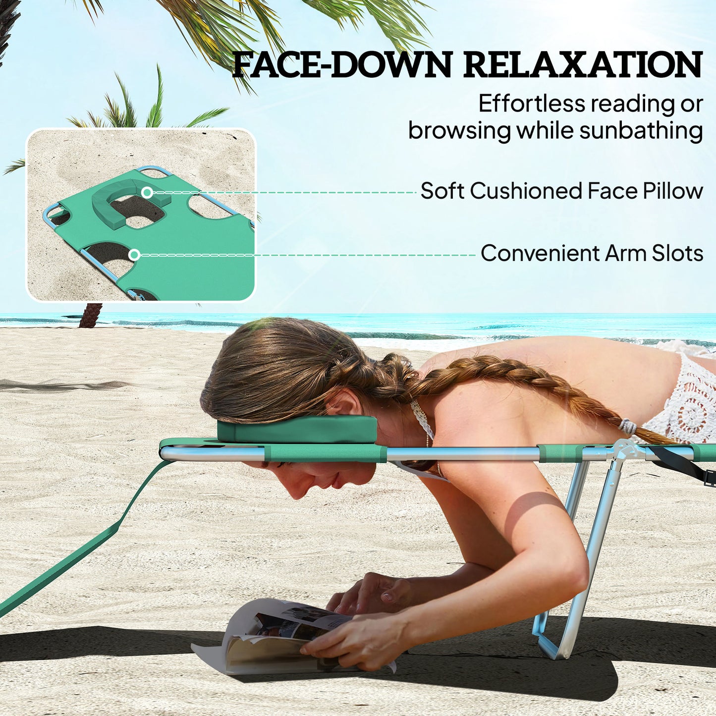 Outsunny 5-Position Adjustable Sun Loungers Set of 2 with Reading Hole and Side Pocket, Green