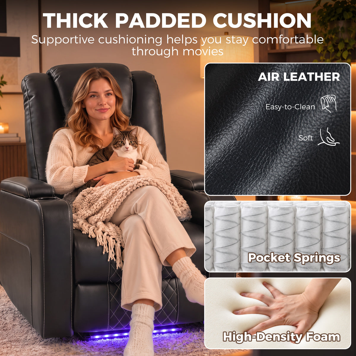 HOMCOM Electric Recliner Chair, Air Leather Recliner Armchair with LED Light, Wide Spring Cushion, USB-A and USB-C Ports, Black