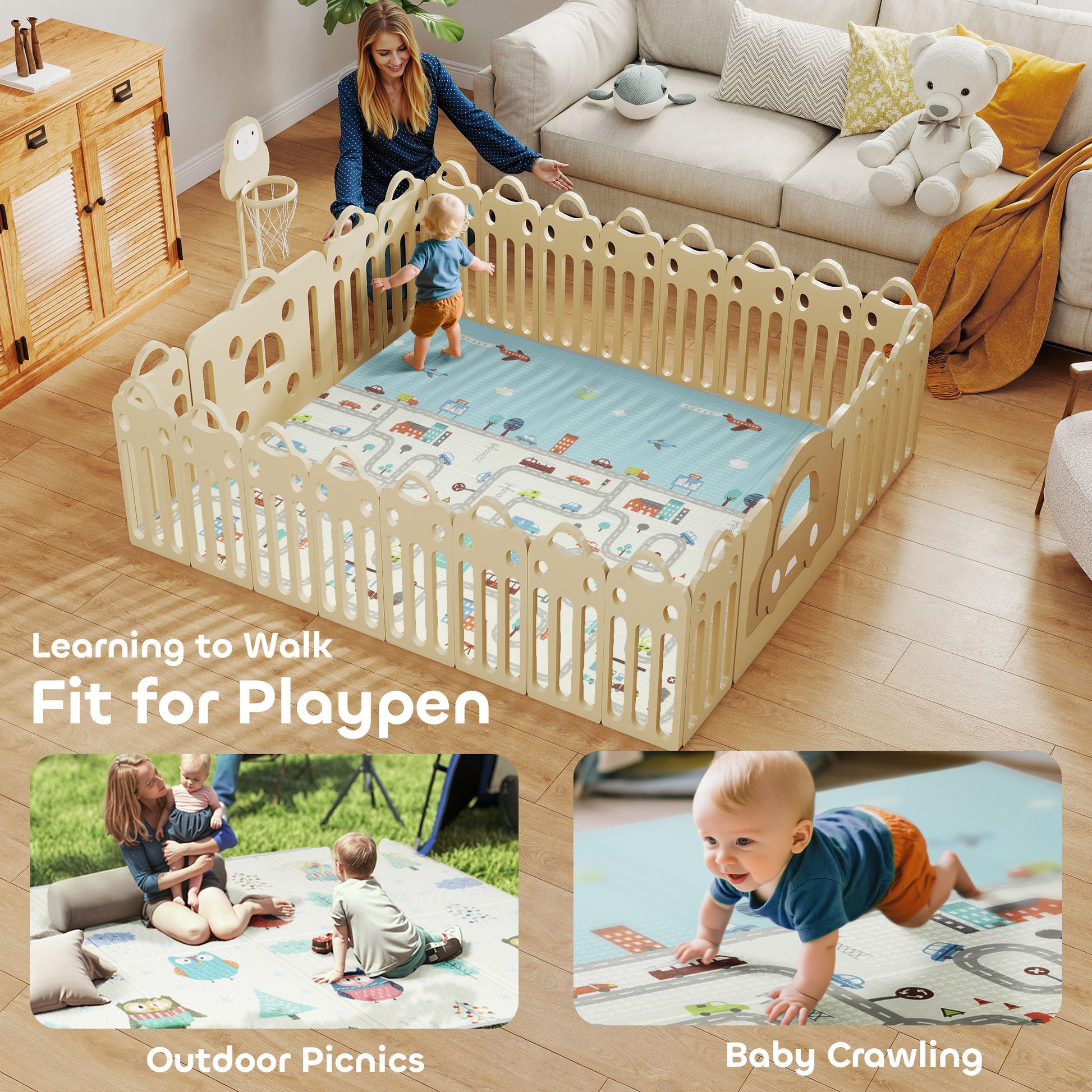 AIYAPLAY Foldable Baby Plat Mat Double Sided, Kids Floor Mat for Crawling, 200L x 150W cm, Car track and Owl Theme