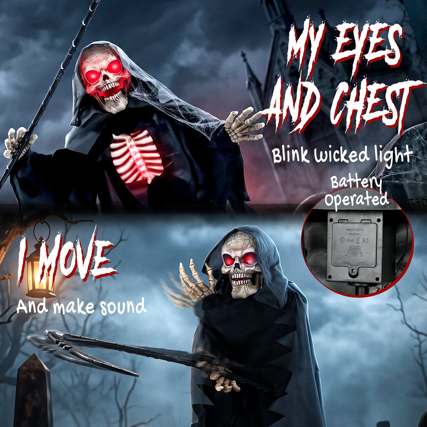 HOMCOM 170cm Life Size Animated Grim Reaper Halloween Decoration, Scary Halloween Animatronics Decor with Sound Touch Activated