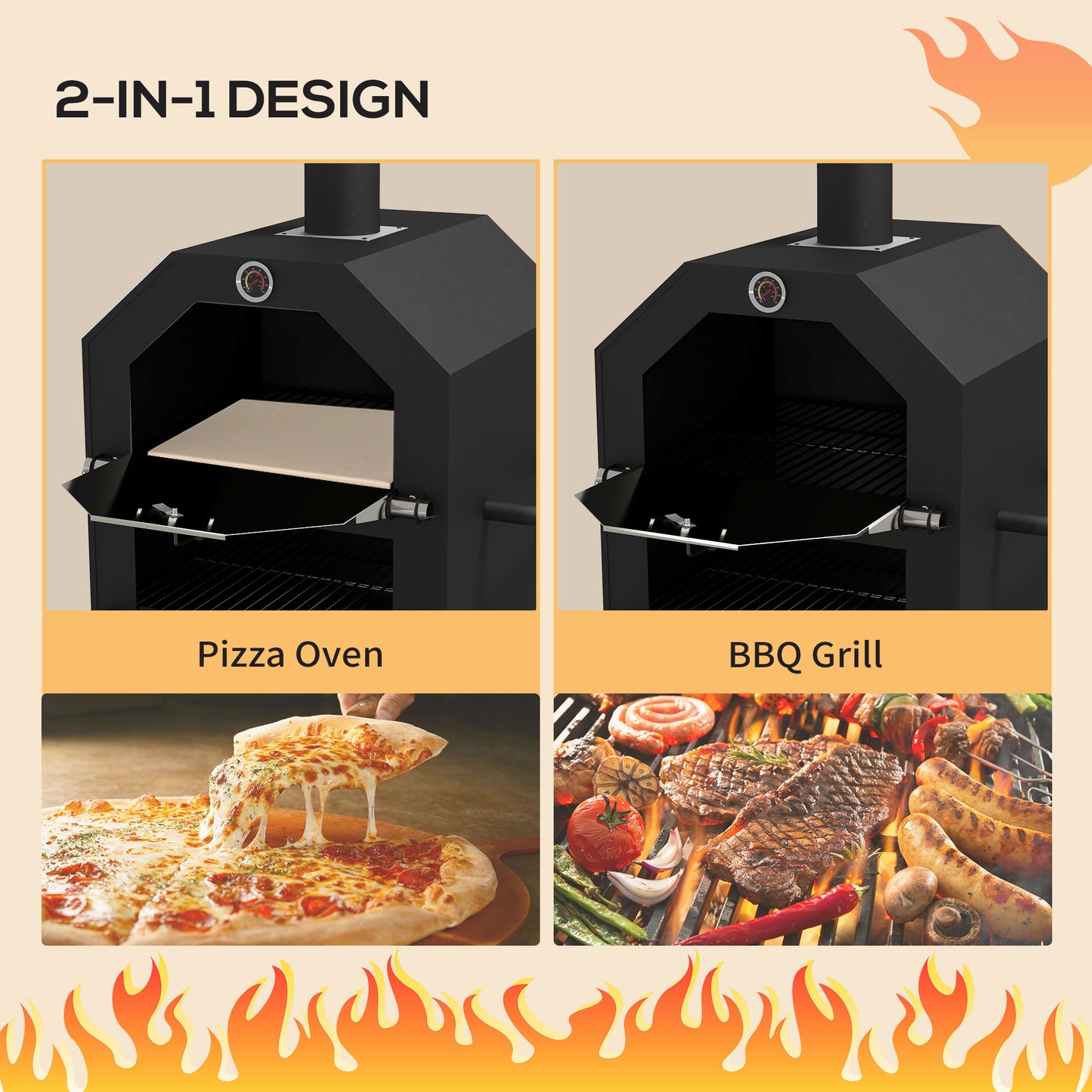 Outsunny Steel 3-Tier Outdoor Pizza Oven Charcoal BBQ Grill, Black
