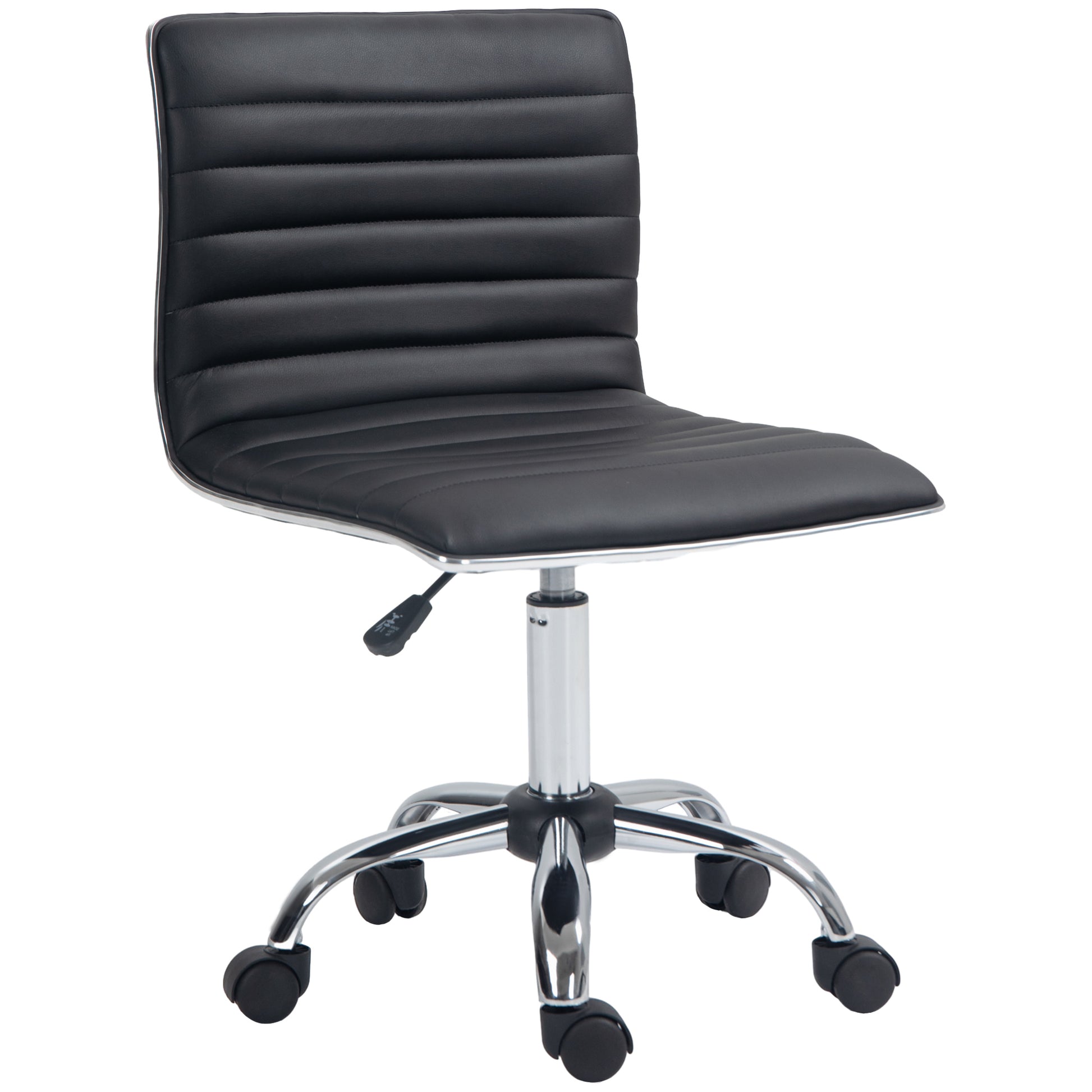 HOMCOM Armless Task Desk Chair, Swivel Office Chair with Faux Leather, Adjustable Seat Height, Chrome Base, Wheels for Home, Black