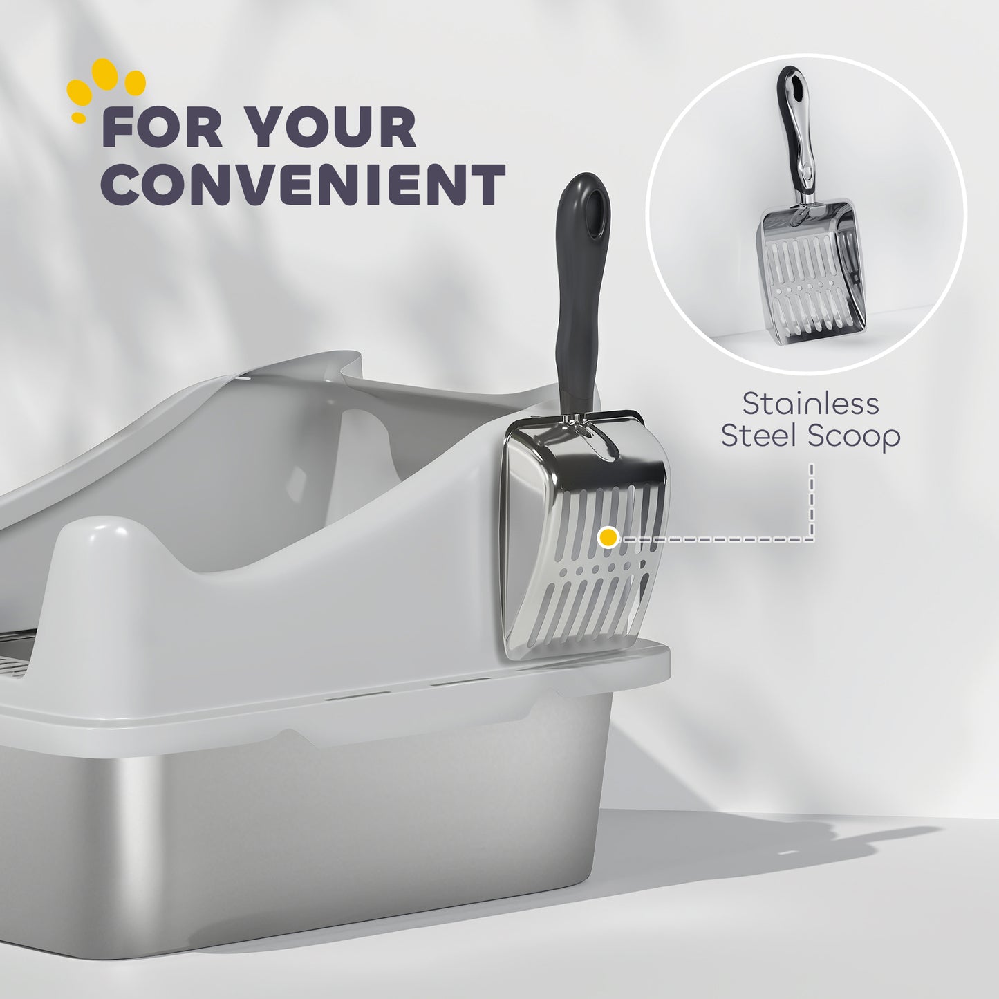 PawHut Stainless Steel Cat Litter Box with High Sides, Metal Scoop, 43 x 33 x 25 cm
