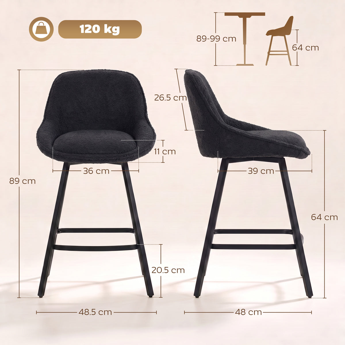 HOMCOM Bar Stools Set of 2, 64 cm Modern Linen-Touch Fabric 360Â° Swivel Counter Height Bar Chairs, Black