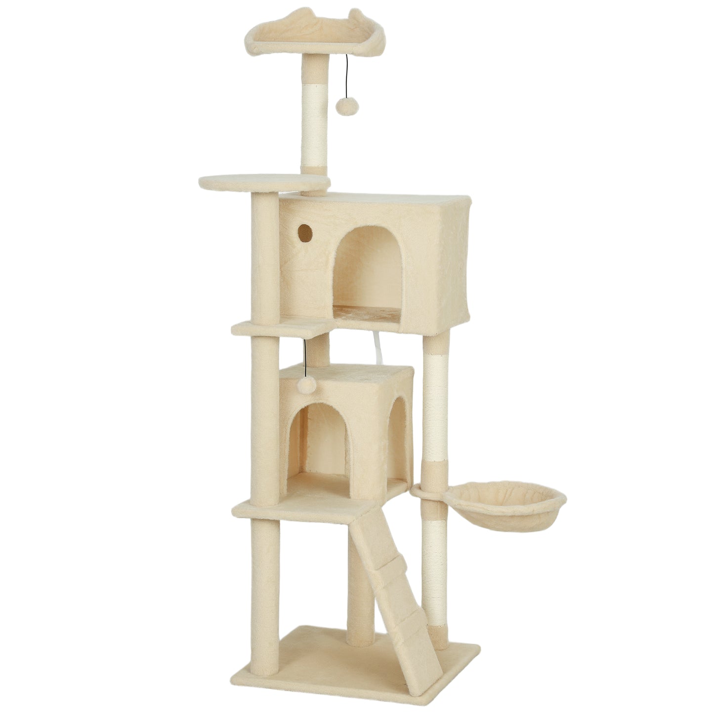 PawHut 160cm Large Cat Tree Tower with Sisal Scratching Posts, Condos, Plush Perches, Hammock, Ladder, Beige Default Title