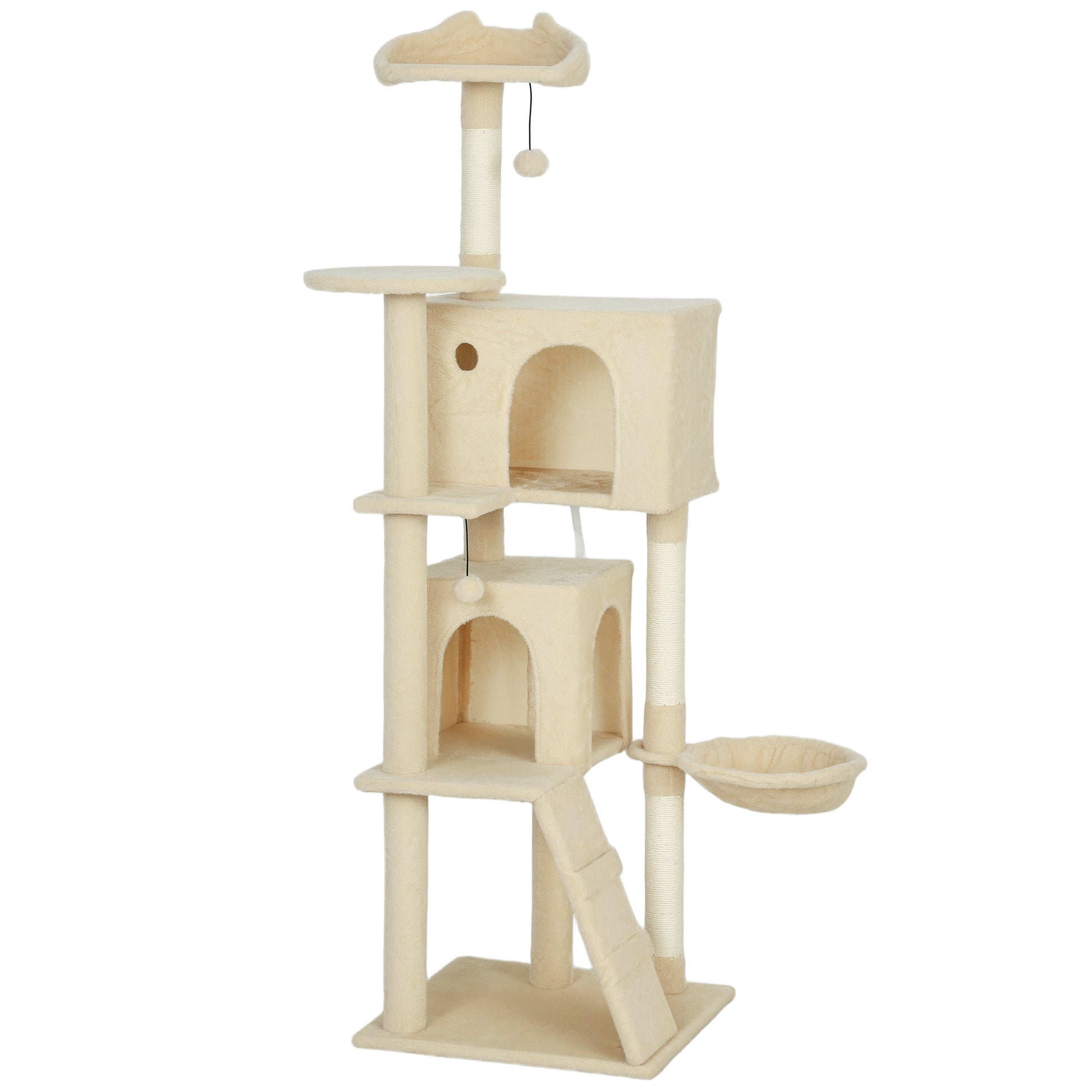 PawHut 160cm Large Cat Tree Tower with Sisal Scratching Posts, Condos, Plush Perches, Hammock, Ladder, Beige Default Title