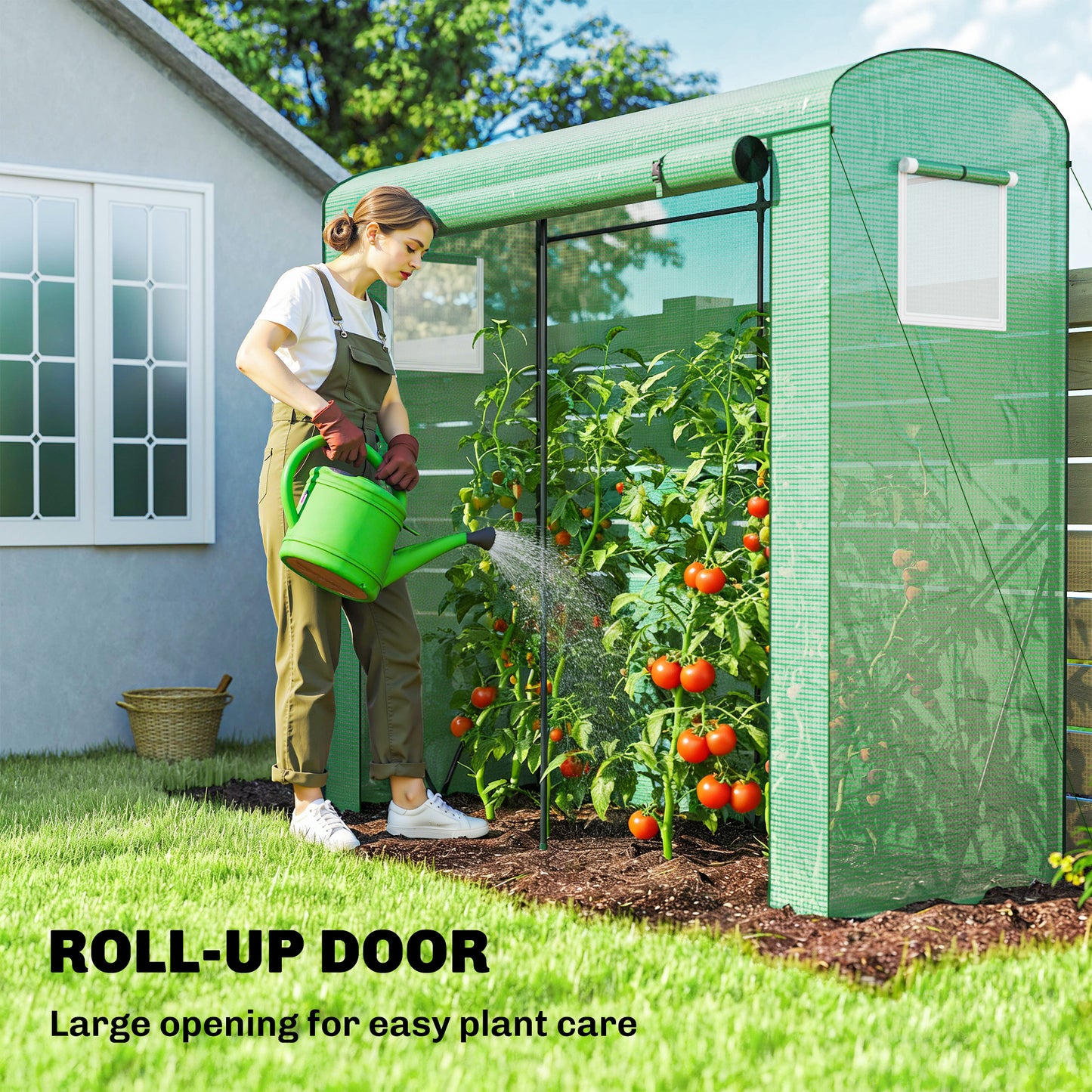 Outsunny Mini Greenhouse, Garden Tomato Growhouse with Roll-Up Door and 2 Mesh Windows, PE Cover, 200 x 75 x 188 cm, Green