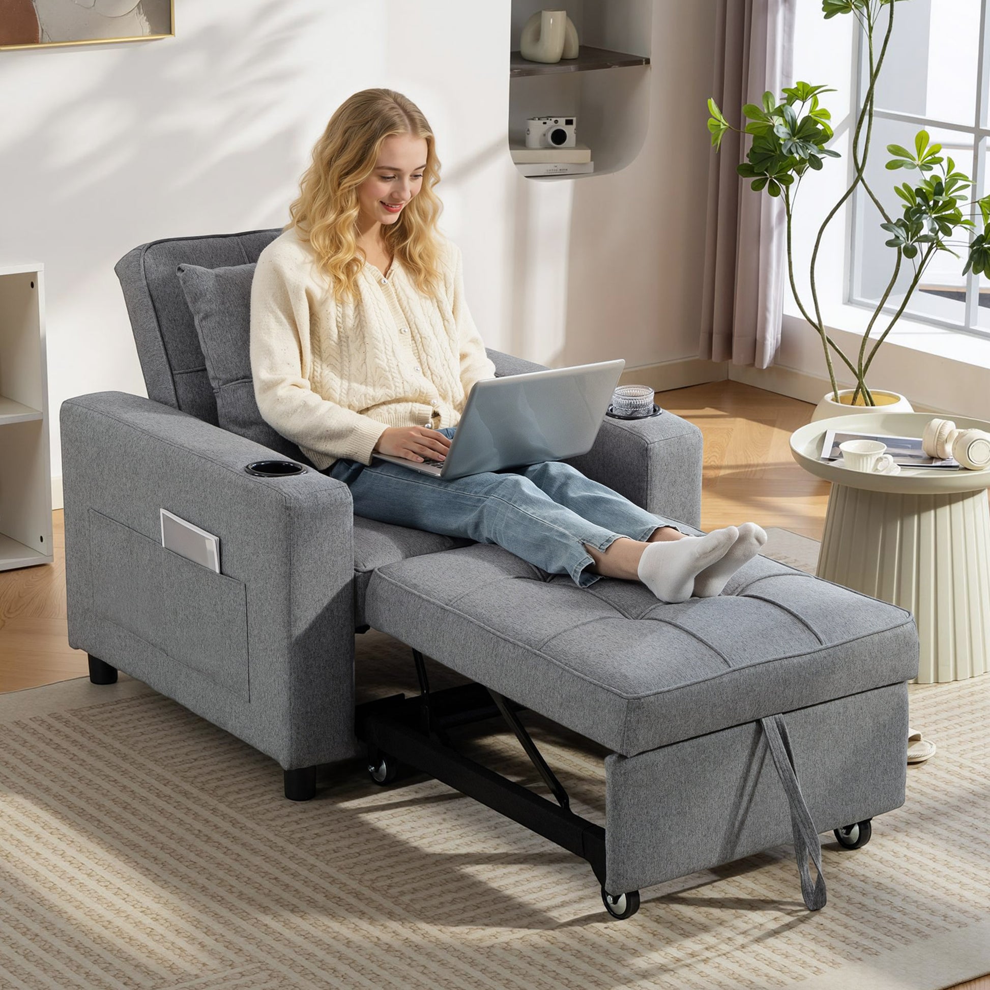 HOMCOM 3-in-1 Single Sofa Bed, Convertible Sleeper Chair Bed - Dark Grey