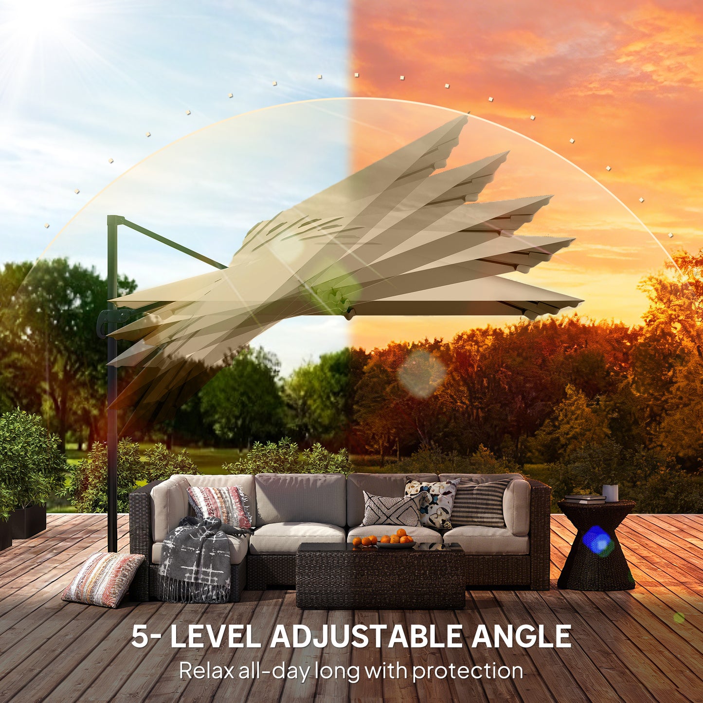 Outsunny 3 x 3 m Cantilever Parasol, Square Patio Umbrella with Crank Handle, Cross Base, Tilt, 360Â° Rotation, Khaki