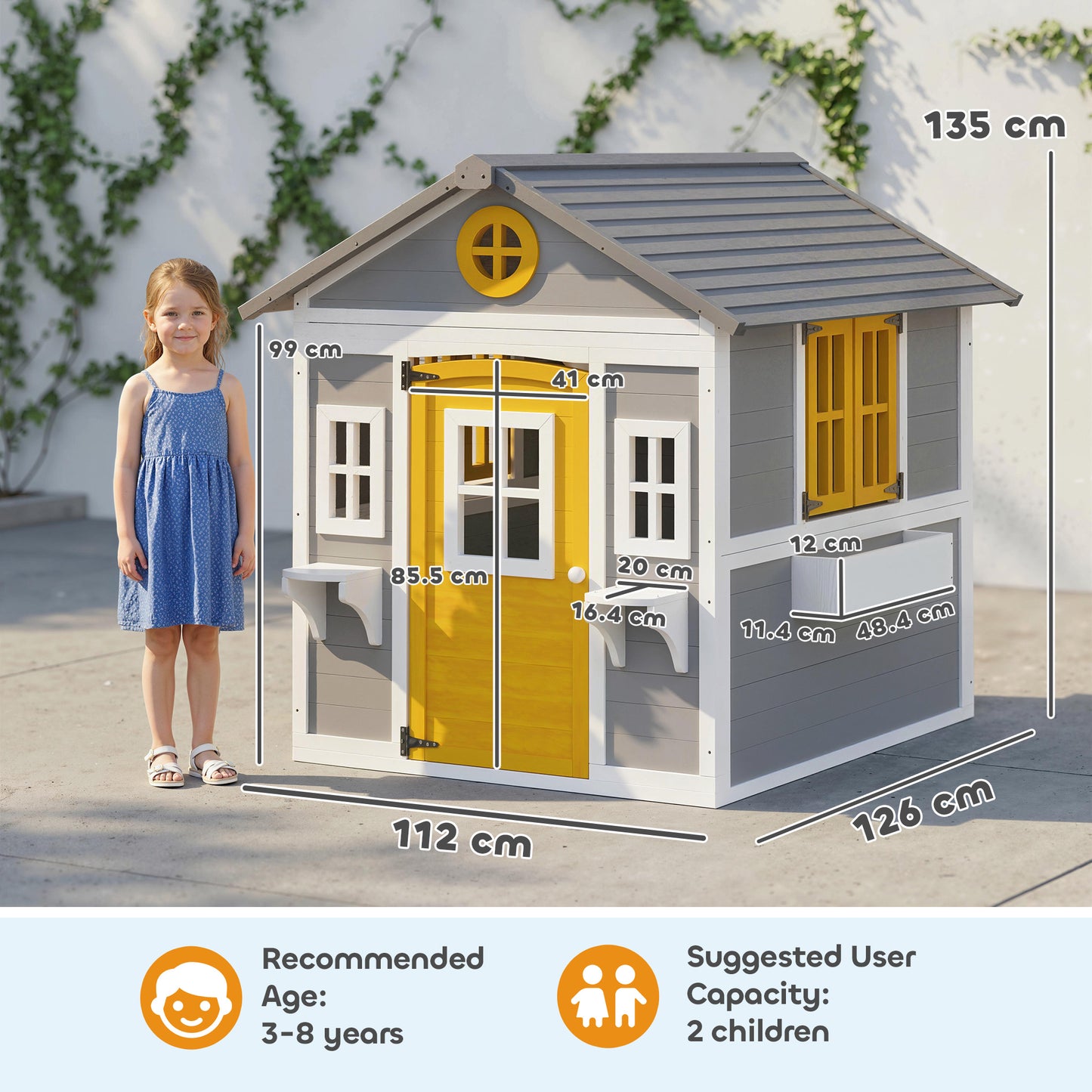 Outsunny Wooden Playhouse with Doors, Windows, Plant Pots, Boxes, for 3-8 Years - Grey
