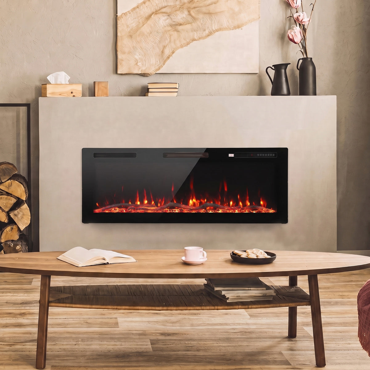 HOMCOM 3 IN 1 Slim Electric Fire, Wall Mounted/Recessed/Freestanding, Electric Fireplace with 12 Flame Colours, 5 Brightness