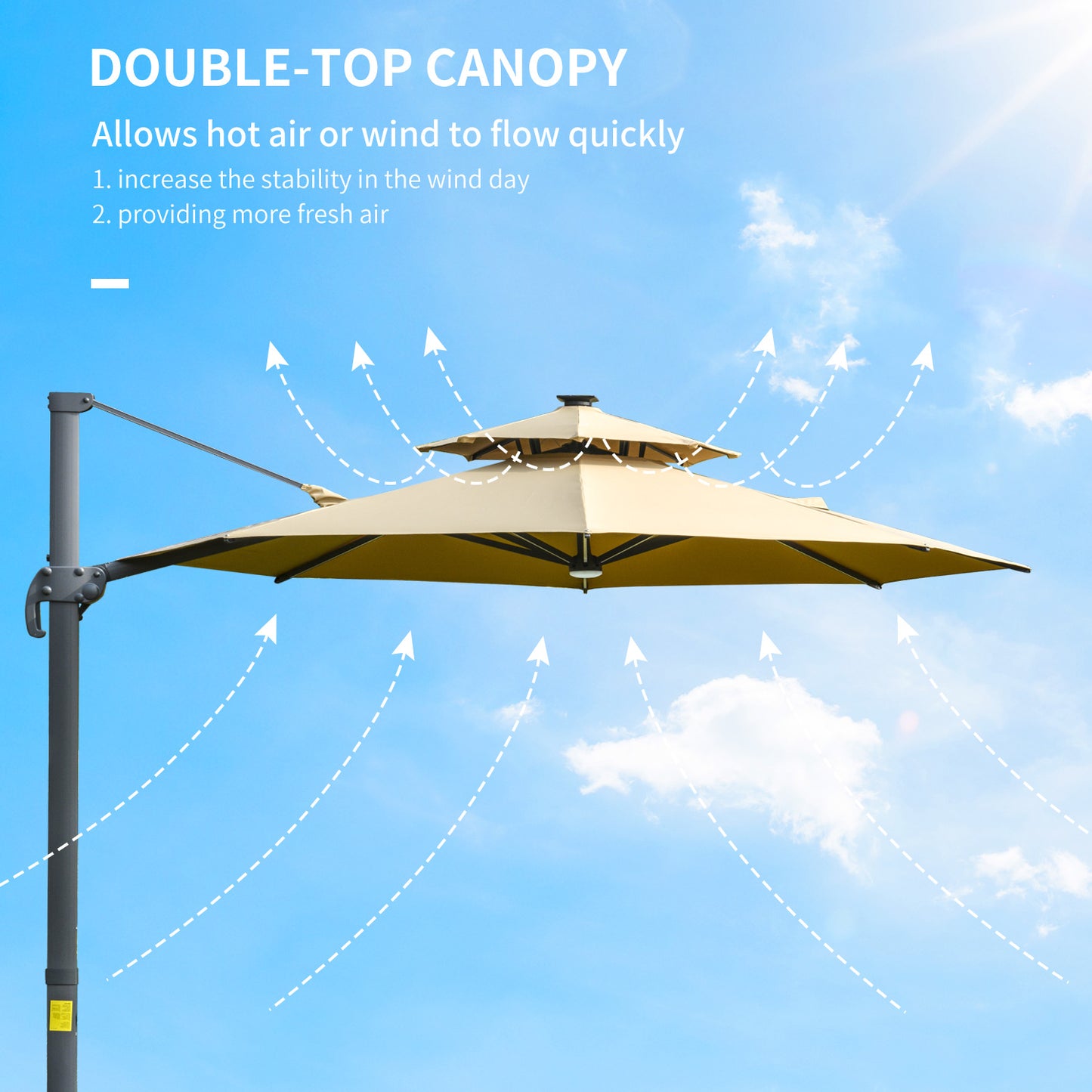 Outsunny 3m Cantilever Parasol w/ Solar Lights Power Bank Base 360Â° Spin Khaki