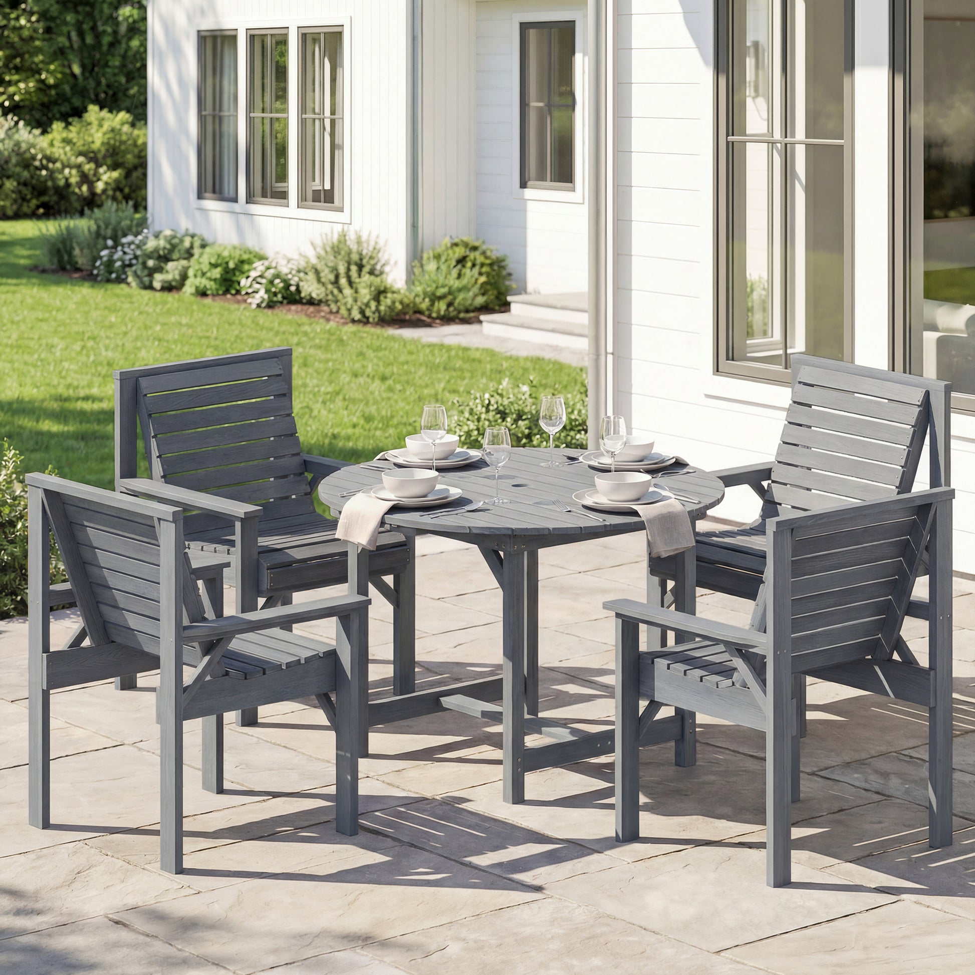 Outsunny 5 Pieces Garden Dining Set with Parasol Hole, Round Outdoor Table and Chairs, 4 Seater Wooden Garden Furniture, Grey