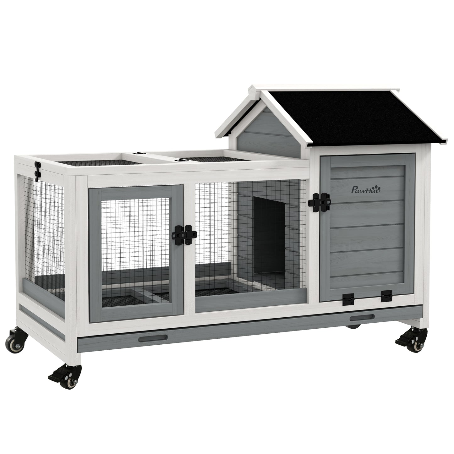 PawHut Wooden Rabbit Hutch, Guinea Pig Cage, with Removable Tray, Wheels - Grey Default Title