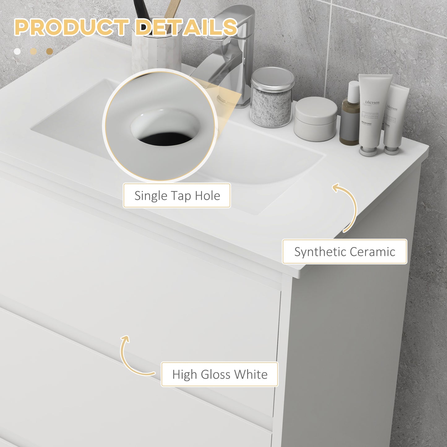 kleankin 600mm Bathroom Vanity Unit with Basin and Single Tap Hole, High Gloss White Floor Standing Bathroom Sink Unit with 2 Drawers for Cloakroom