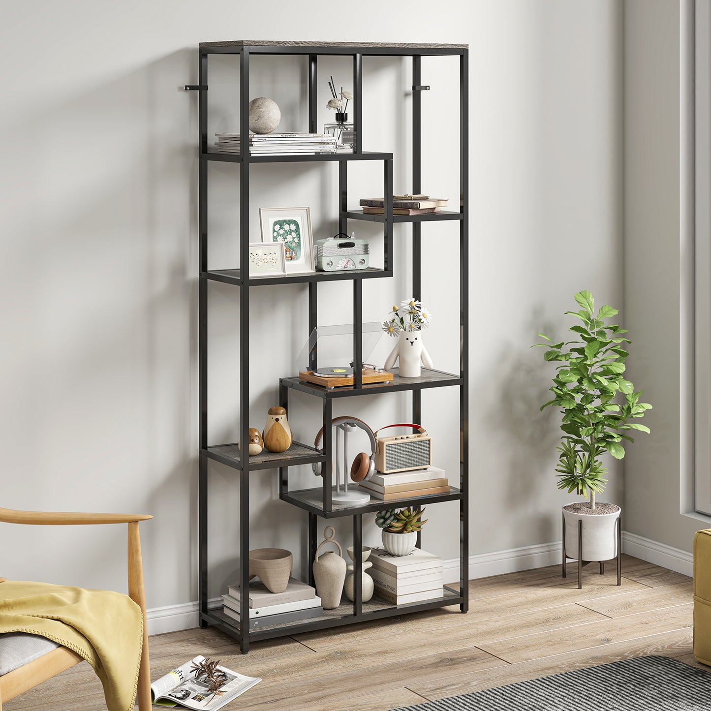 HOMCOM Seven-Tier Geometric Bookcase - Grey/Black
