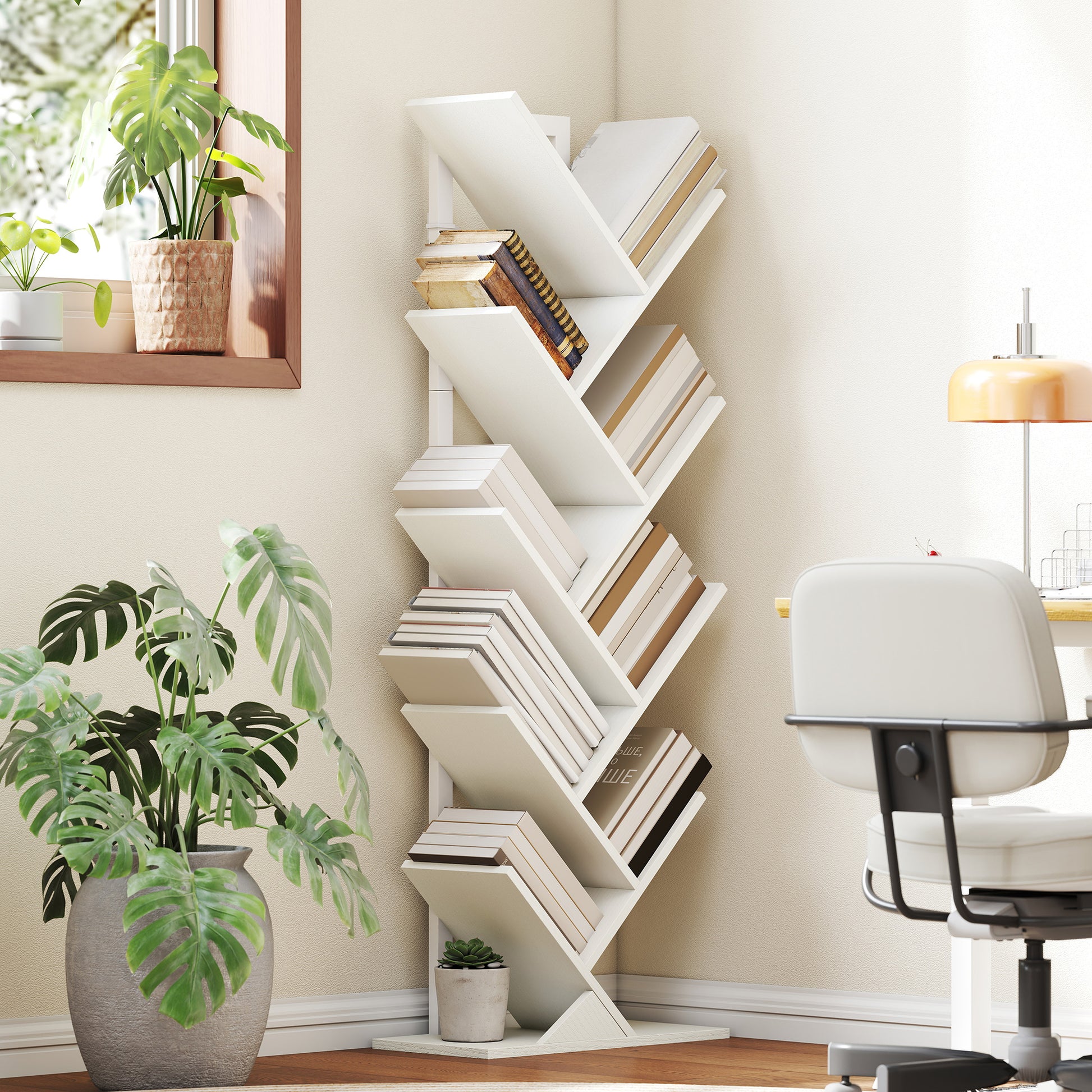 HOMCOM 9-Tier Tree Bookshelf, Industrial Free Standing Bookcase with Steel Frame, Display Storage White