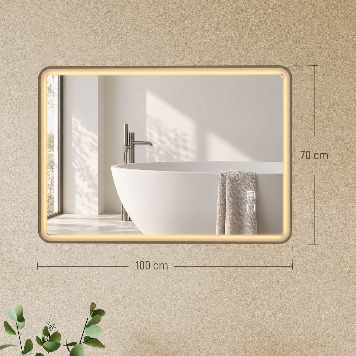 HOMCOM Bathroom Mirror with LED Lights, 100x70cm Rectangle Bathroom Mirror, Dimmable, Bluetooth, Anti-Fog, Gold Tone