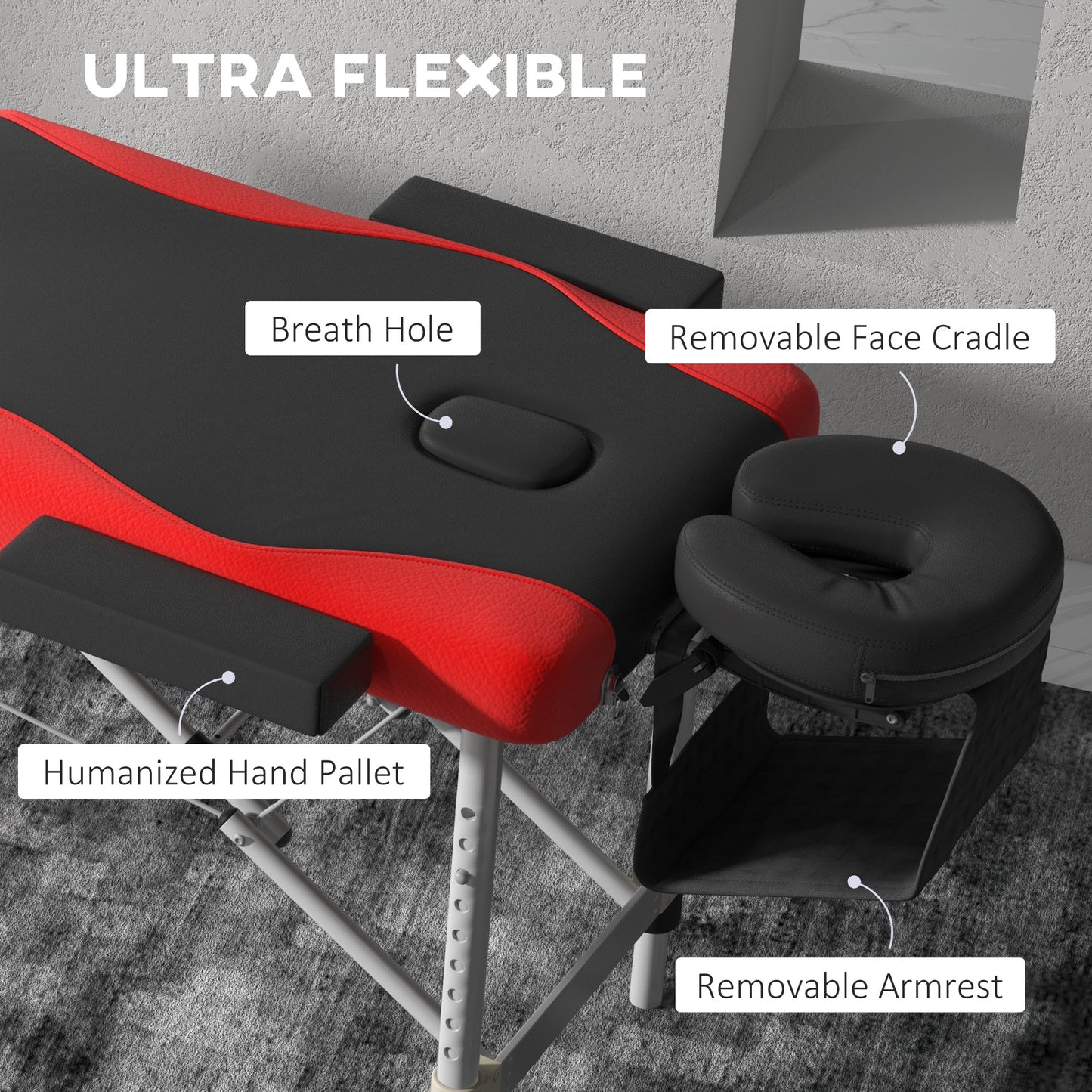 HOMCOM Foldable Massage Bed Portable Table, 3-Section Aluminium Foldable Beauty Couch, Professional Salon Spa Table with Headrest Support and Carry Bag, 60 cm Width, Black and Red