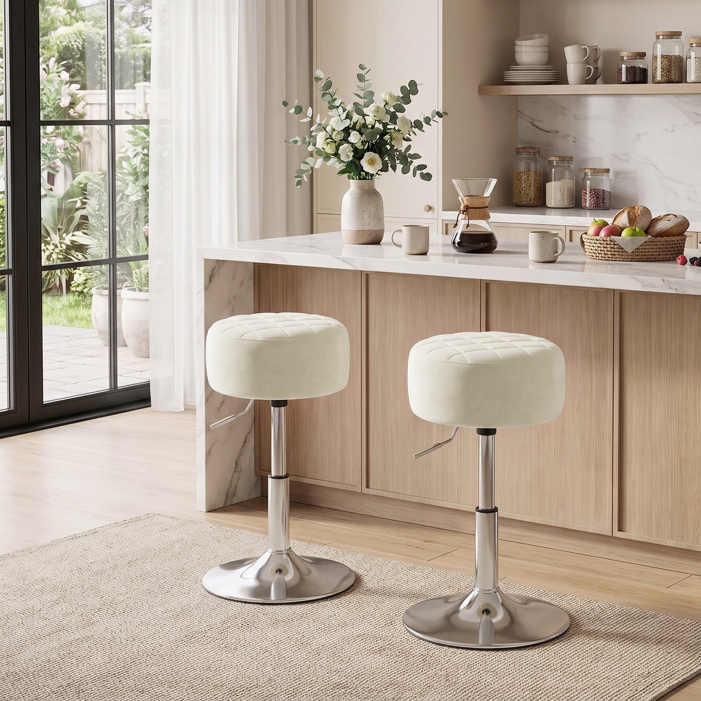 HOMCOM Bar Stool Adjustable Swivel Chair Velvet-Feel Seat 1 Piece, Beige