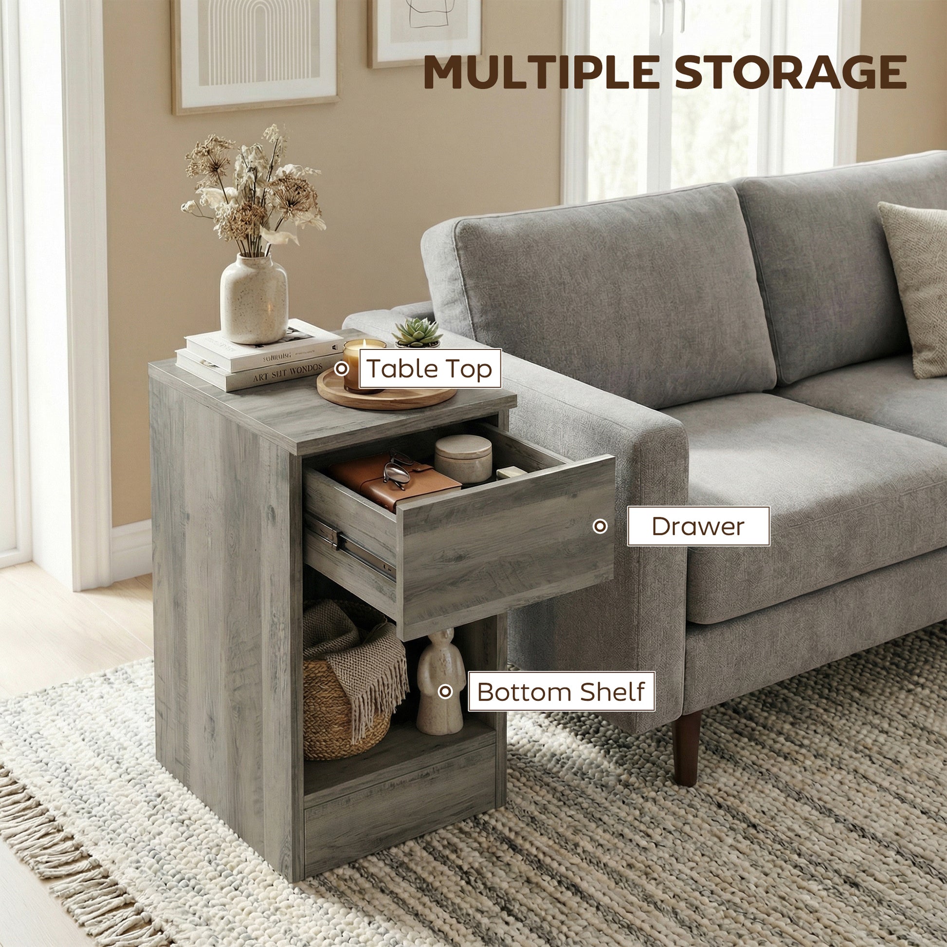 HOMCOM Set of Two Modern Storage Bedside Tables - Grey