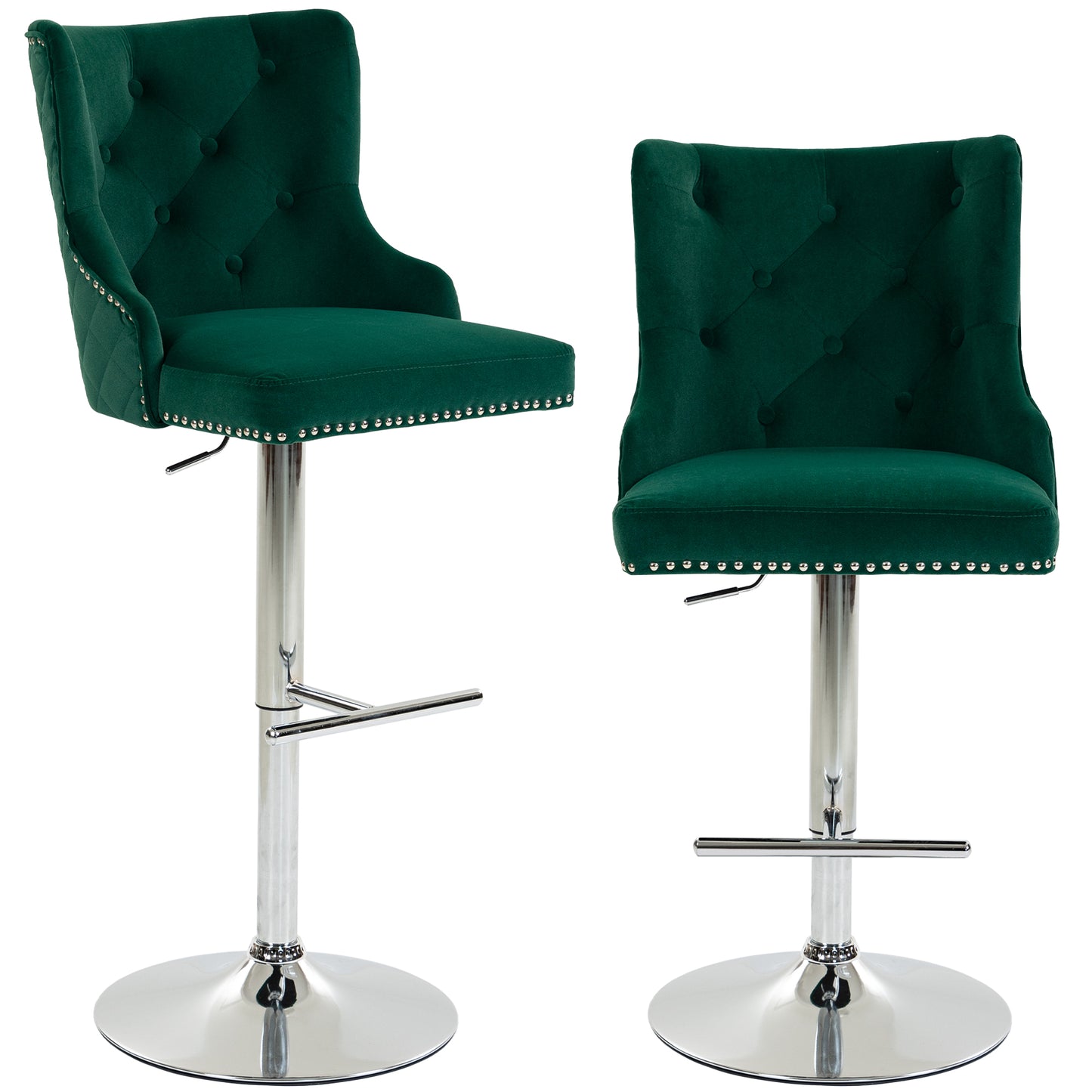 HOMCOM Bar Stools Set of 2, Modern Swivel & Adjustable Velvet Barstools with Button-Tufted Back, Footrest for Home Bar, Green