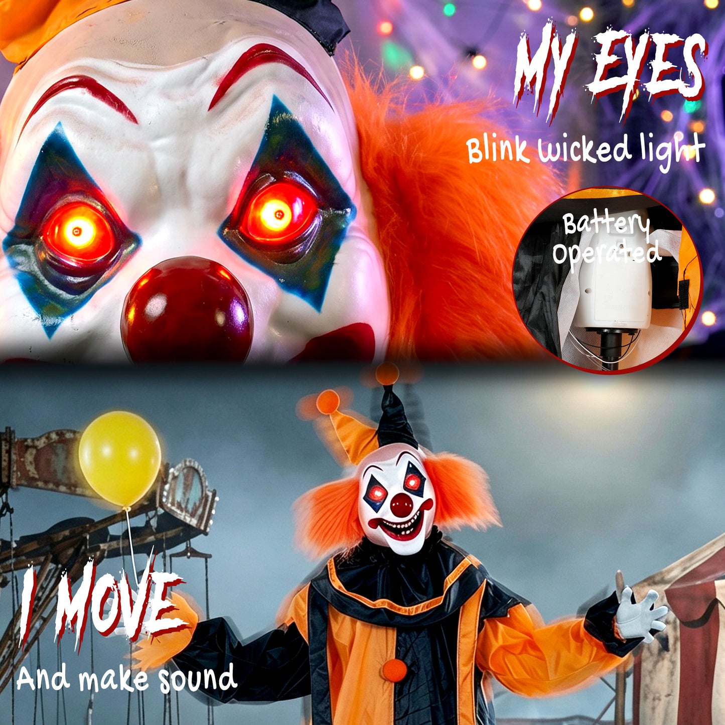 HOMCOM 190cm Life Size Animated Clown Halloween Decoration, Scary Halloween Animatronics Decor with Sound Touch Activated