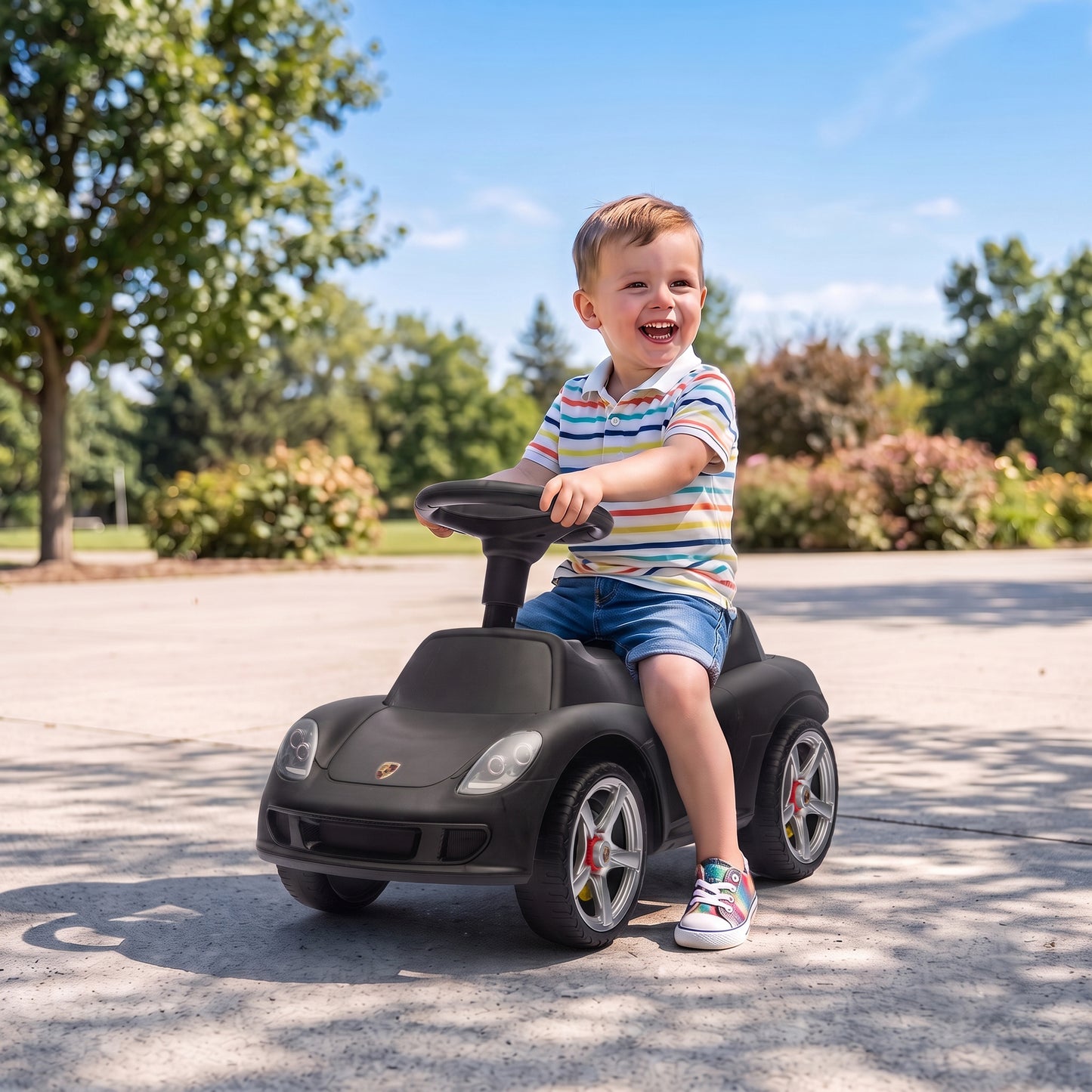AIYAPLAY Ride on Car, Porsche Licensed Toddler Push Car with Horn, Headlights, Sound and Steering Wheel for 18-36 Months, Matte Black