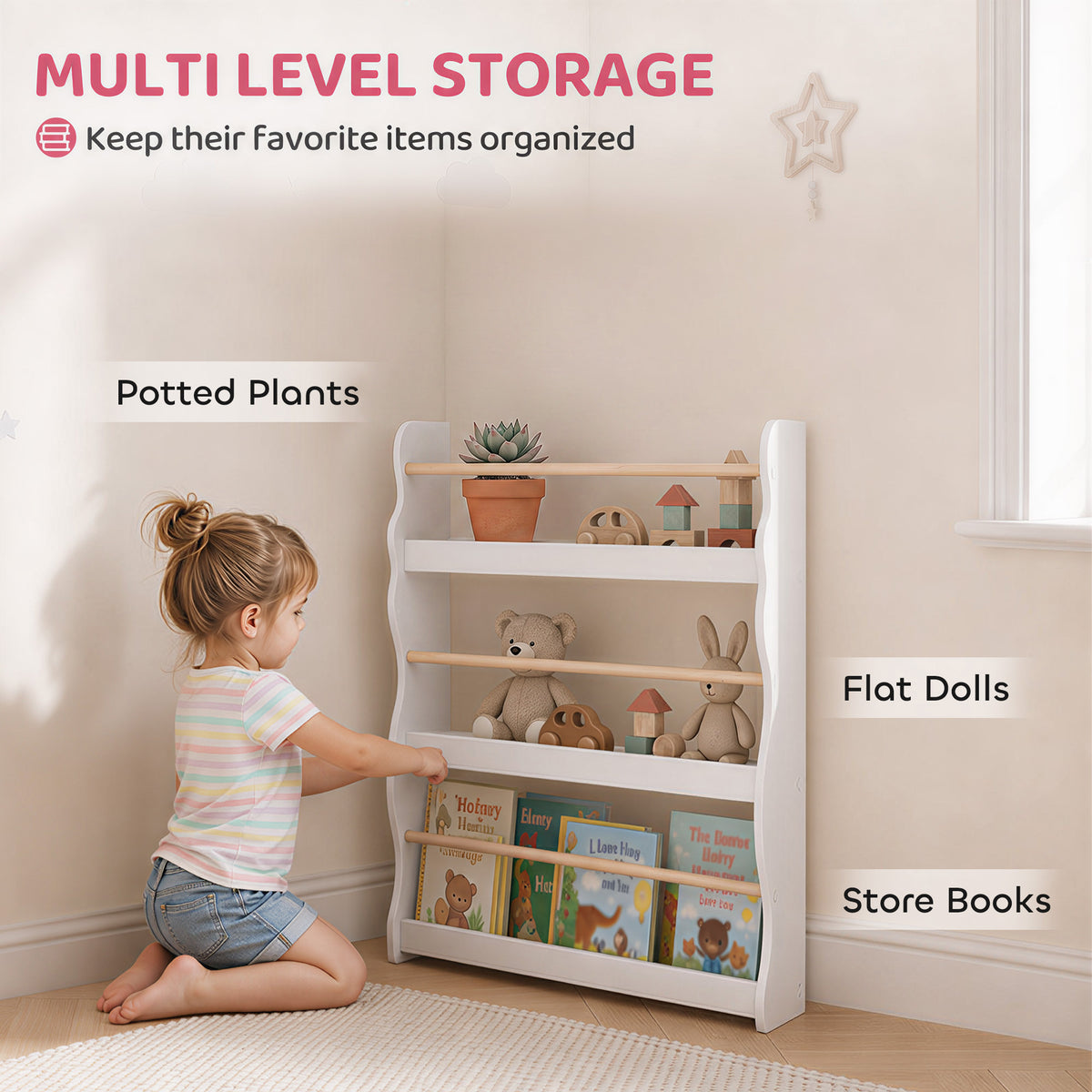 AIYAPLAY 3-Tier Kids Bookshelf Wall Mounted, Kids Bookcase for Playroom, Living Room for Toddlers and Children Aged 3-8, White