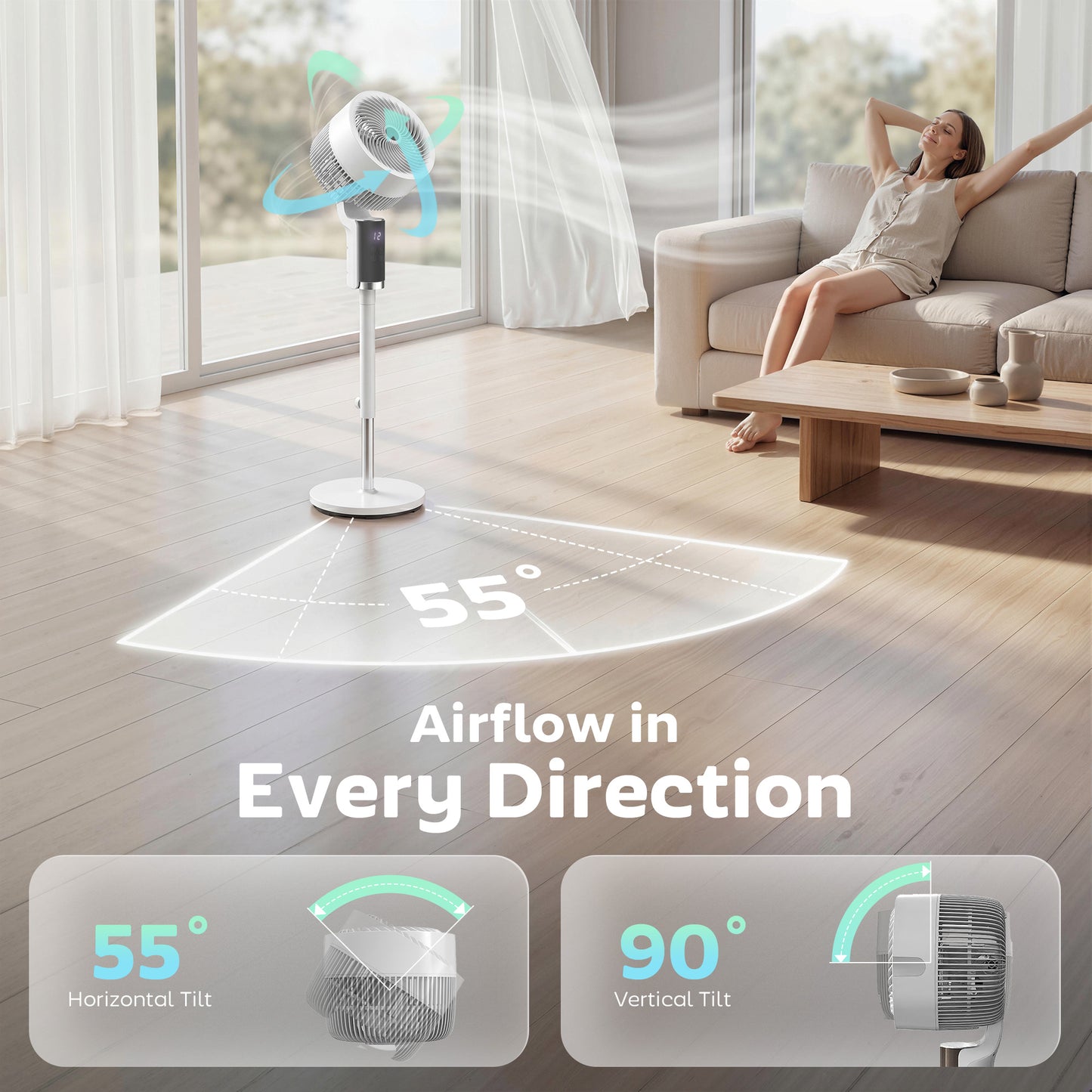 HOMCOM 20 dB Silent Standing Fan for Bedroom, 44" Pedestal Fan with 90Â° Oscillating, 8 Speeds and LED Light, White