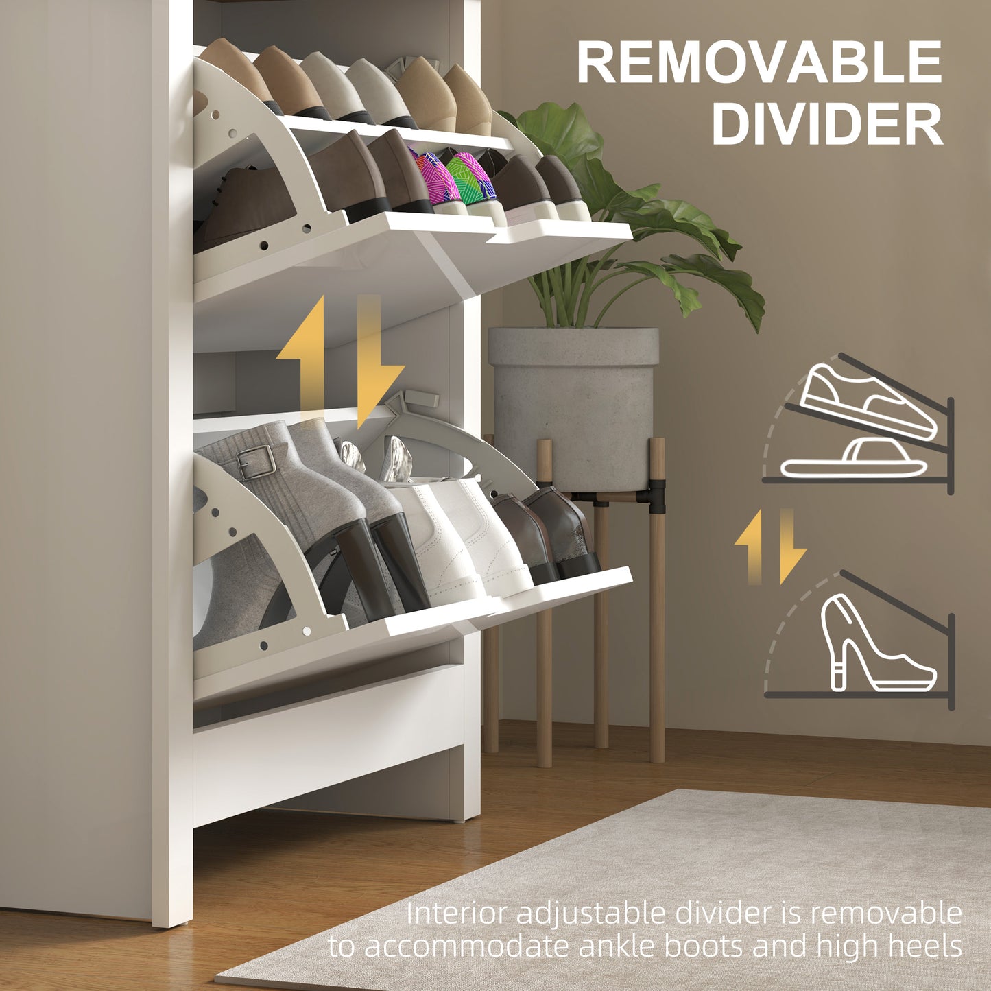 HOMCOM Slim Shoe Cabinet, Narrow Shoe Cupboard with 2 Flip Drawers, Adjustable Shelves for 12 Pairs of Shoes, High Gloss White