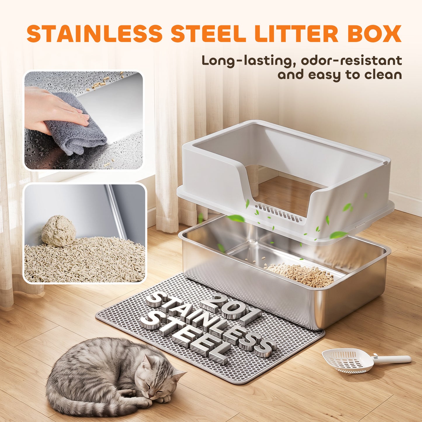 PawHut XL Stainless Steel Cat Litter Tray with Lid, High Sided Cat Litter Box with Scoop and Mat, Light Grey