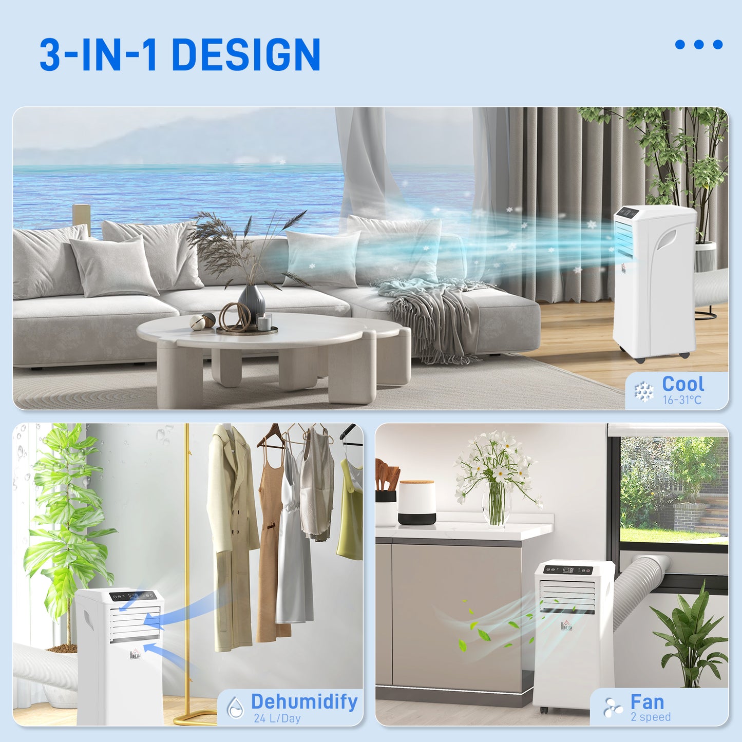 HOMCOM 9000 BTU Air Conditioning Unit, 3-in-1 Portable Air Conditioner, Dehumidifier, Cooling Fan with Remote Control, Digital Display, 2 Speeds, 24H Timer, Window Venting Kit, 28mÂ²