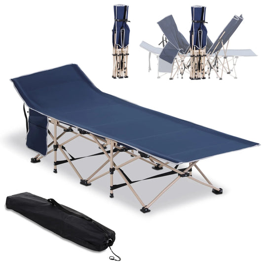 Outsunny Single Person Camping Bed Folding Cot Outdoor Patio Portable Military Sleeping Bed Travel Guest Leisure Fishing with Side Pocket and Carry Bag - Blue - LiamsBargains.co.uk