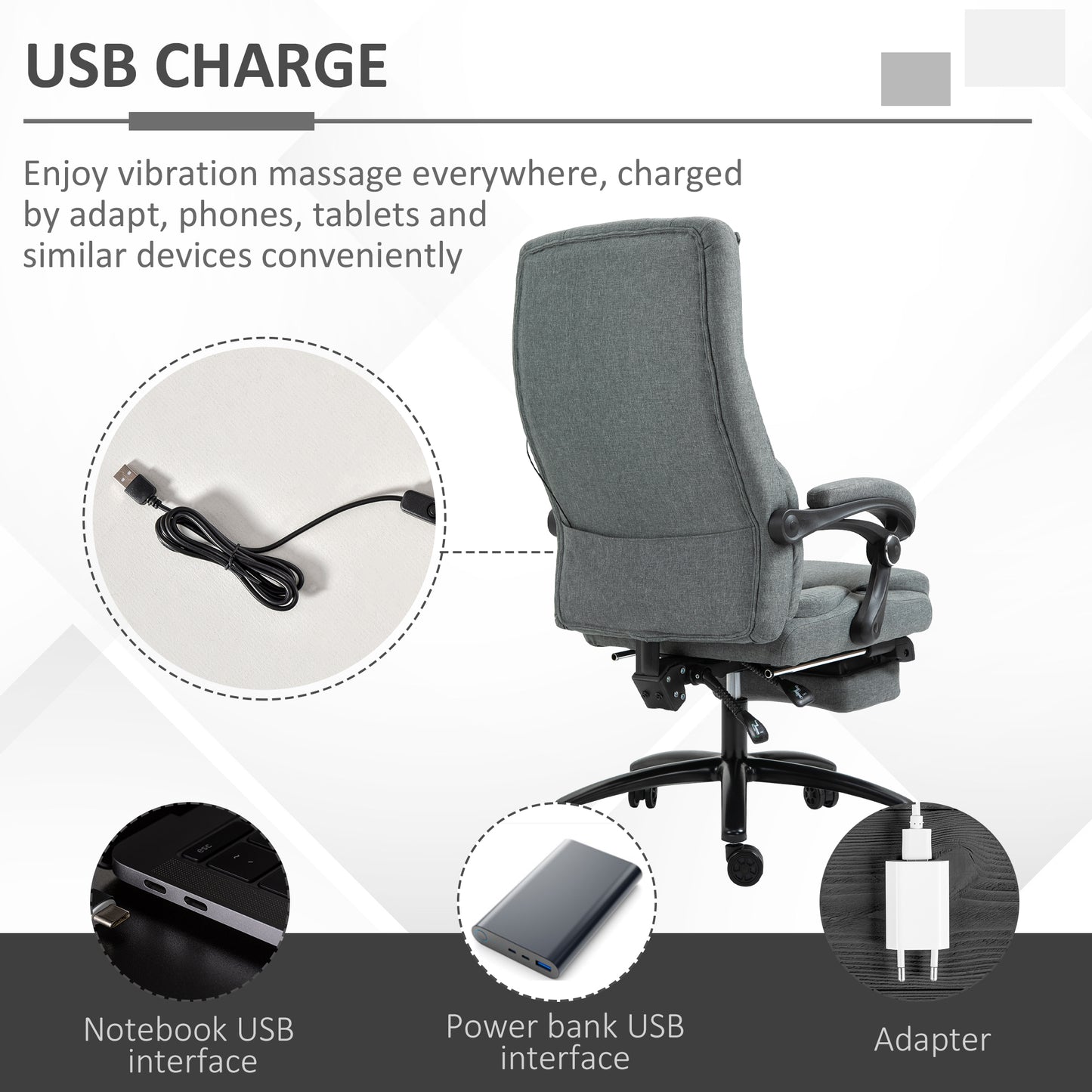 Vinsetto Office Chair, Fabric Desk Chair with Adjustable Massage Pillow, USB Power and Retractable Footrest, High Back, 360Â° Swivel, for Home, Grey